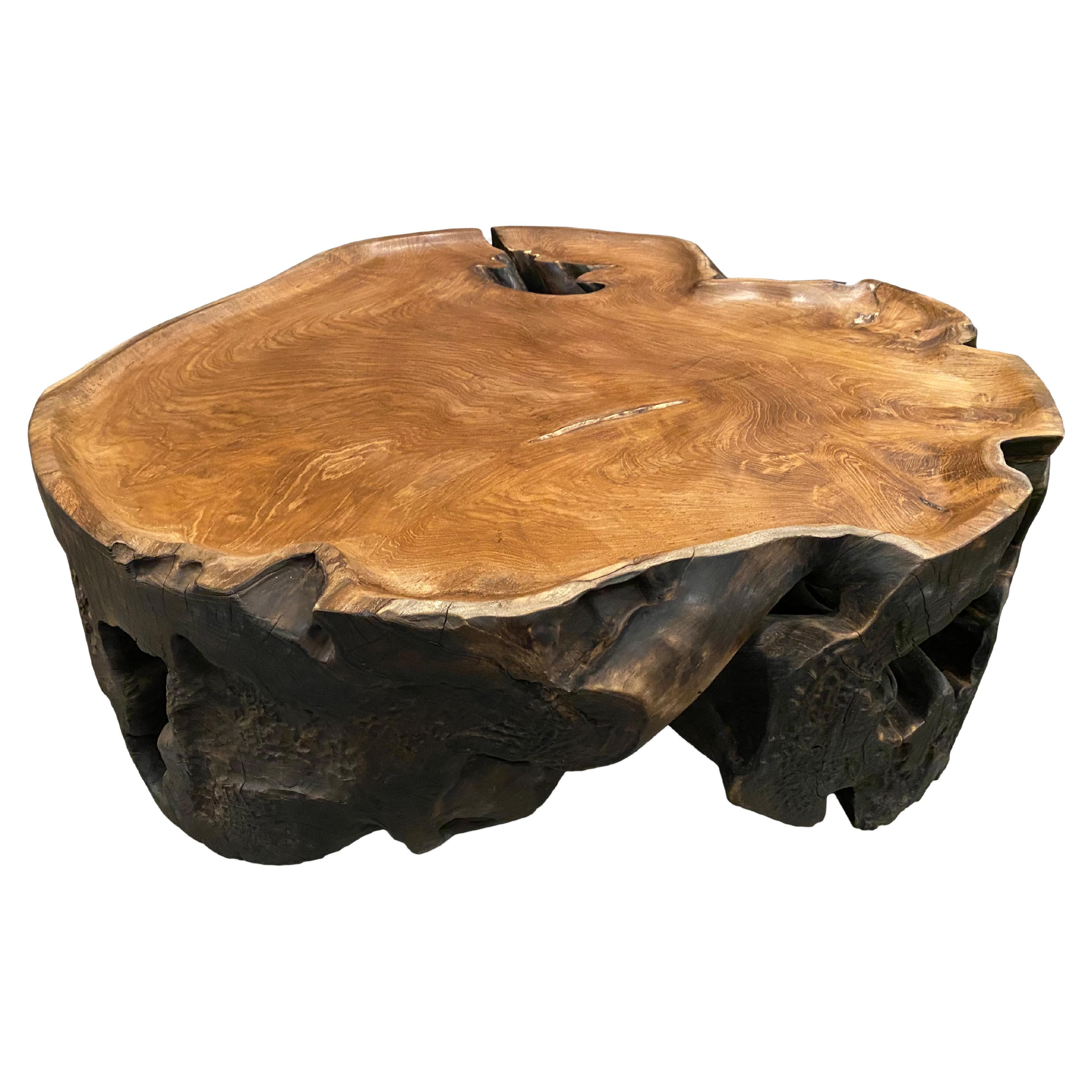 Organic reclaimed teak root coffee table. The sides are hammered and charred one time in contrast to the top which is smooth natural teak. We hand carved the top section into a tray style and polished the aged teak with a natural oil finish exposing