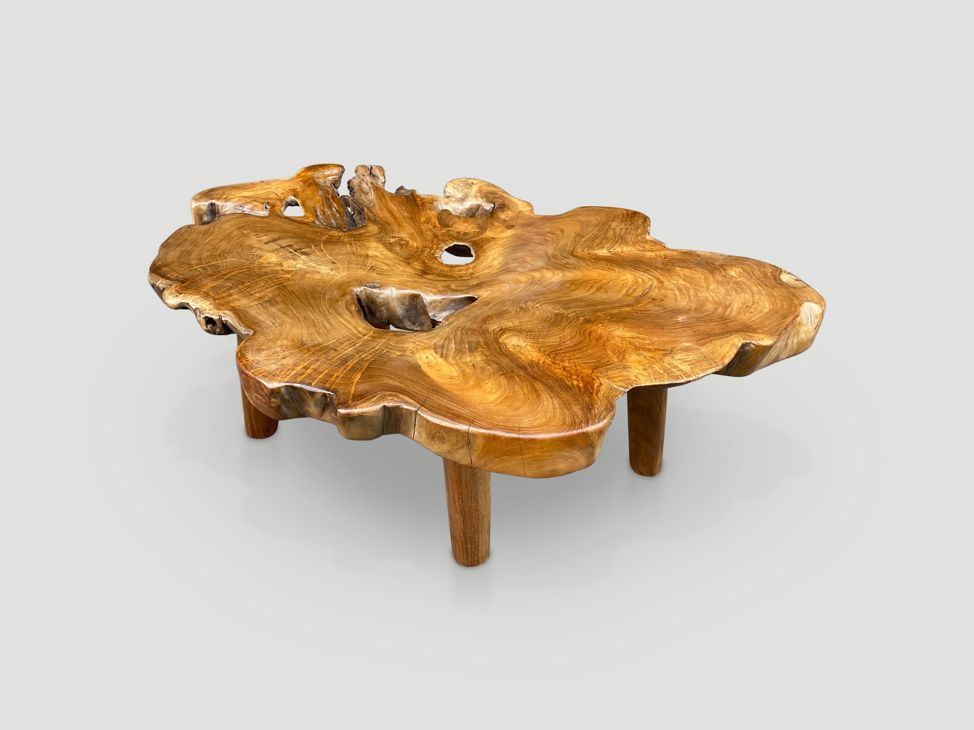 Single two and a half inch slab live edge teak coffee table. This beautiful shape is set on minimalist legs. Finished with a natural oil revealing the beautiful wood grain.

Own an Andrianna Shamaris original.

Andrianna Shamaris. The Leader In