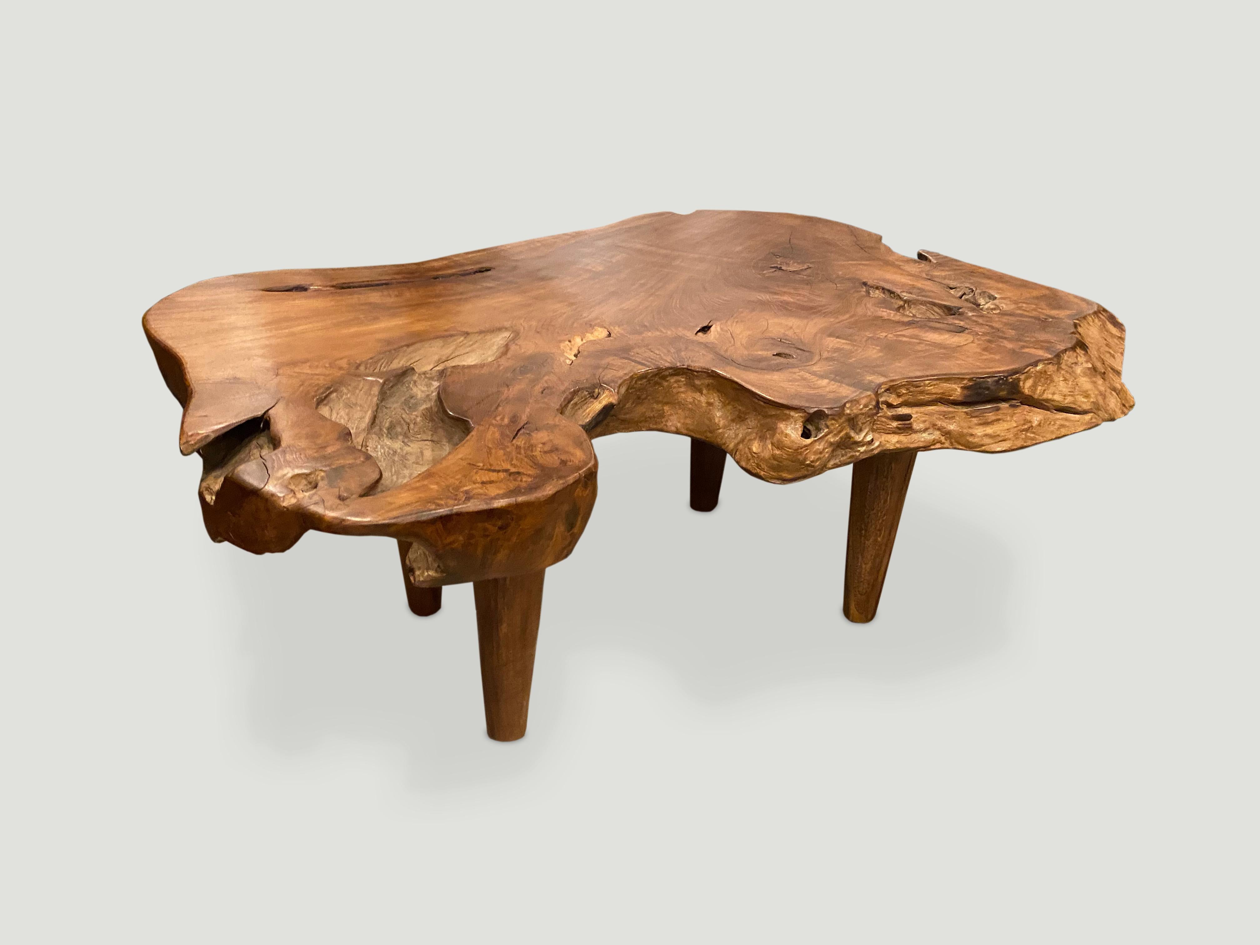 Mid-Century Modern Andrianna Shamaris Single Slab Live Edge Teak Wood Coffee Table For Sale