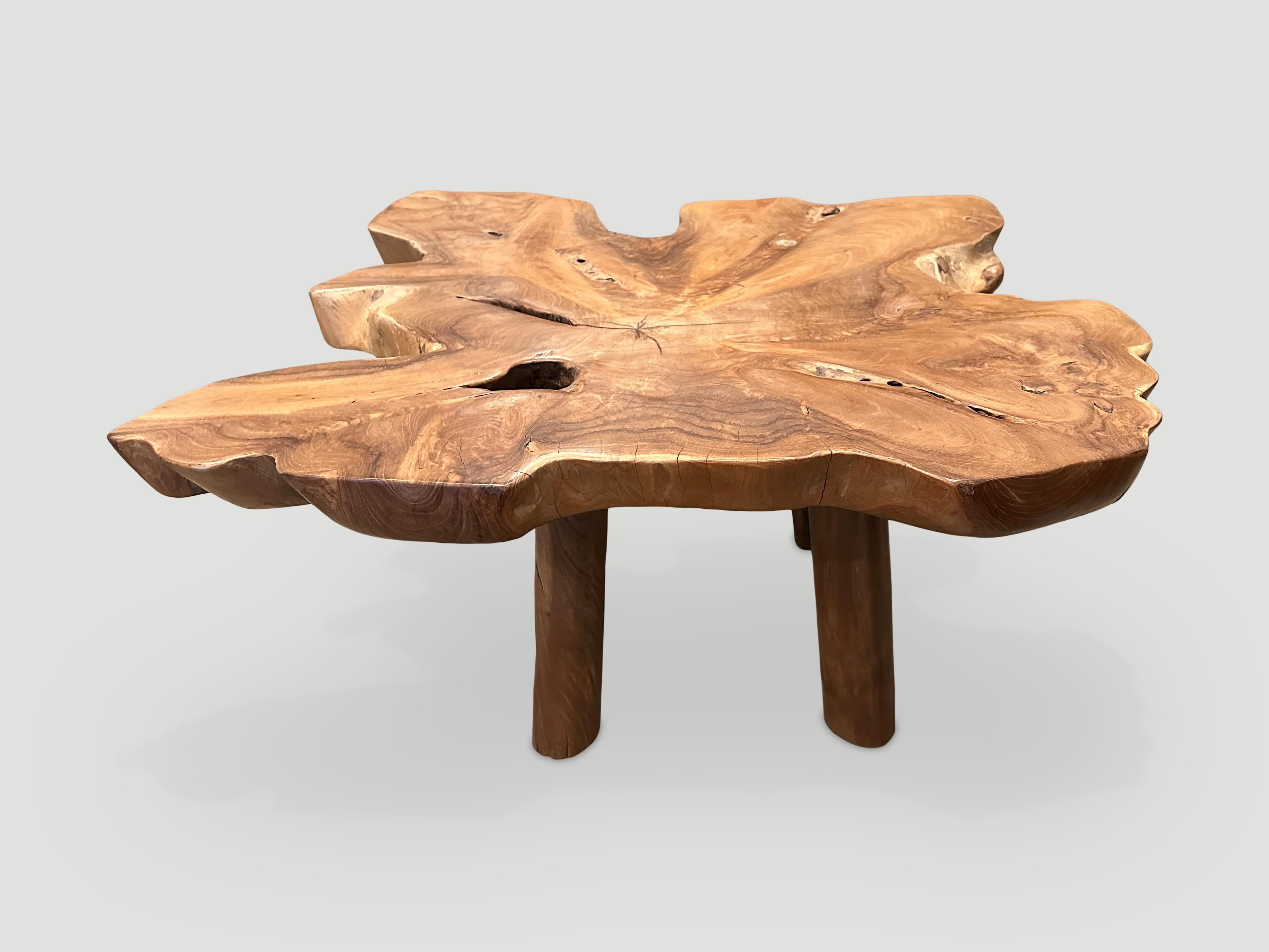 Single two inch slab live edged reclaimed teak wood coffee table. This beautiful shape is set on minimalist legs. Finished with a natural oil revealing the beautiful wood grain.

Own an Andrianna Shamaris original.

Andrianna Shamaris. The