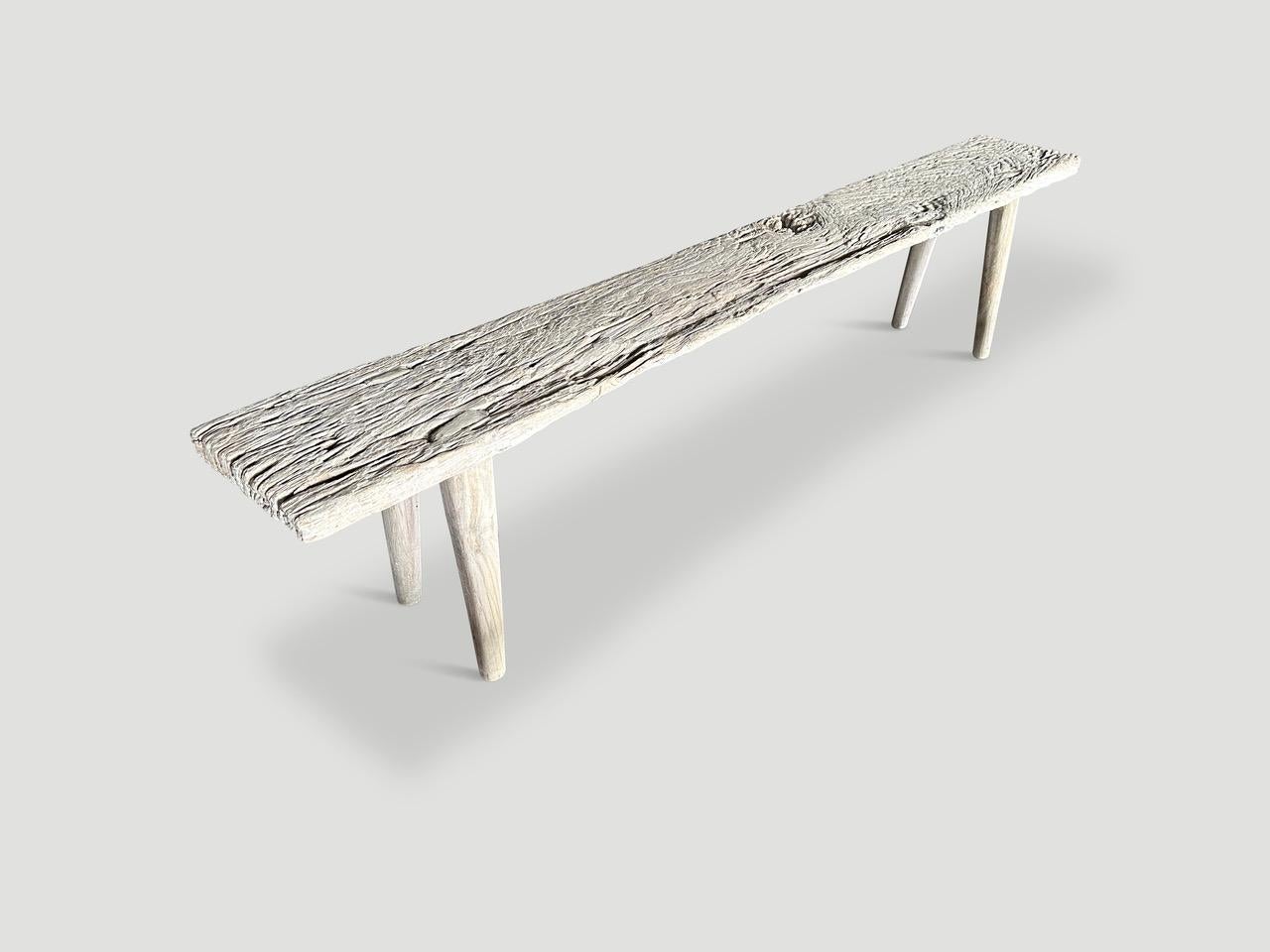 Antique Wabi Sabi bleached teak bench with unique natural wood character. We added smooth teak minimalist legs to this beautiful ancient wood panel. It’s all in the details.

The St. Barts Collection features an exciting line of organic white wash,