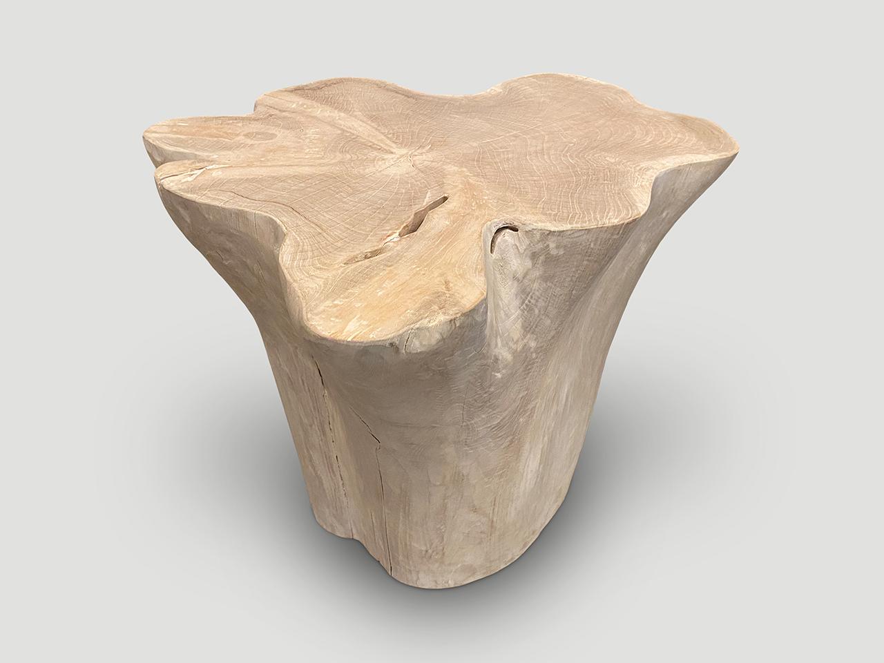 Amorphous reclaimed bleached teak side table or pedestal. A graduation from the bottom to the top at 13.5? x 11” on the bottom. 

The St. Barts Collection features an exciting new line of organic white wash, bleached and natural weathered teak
