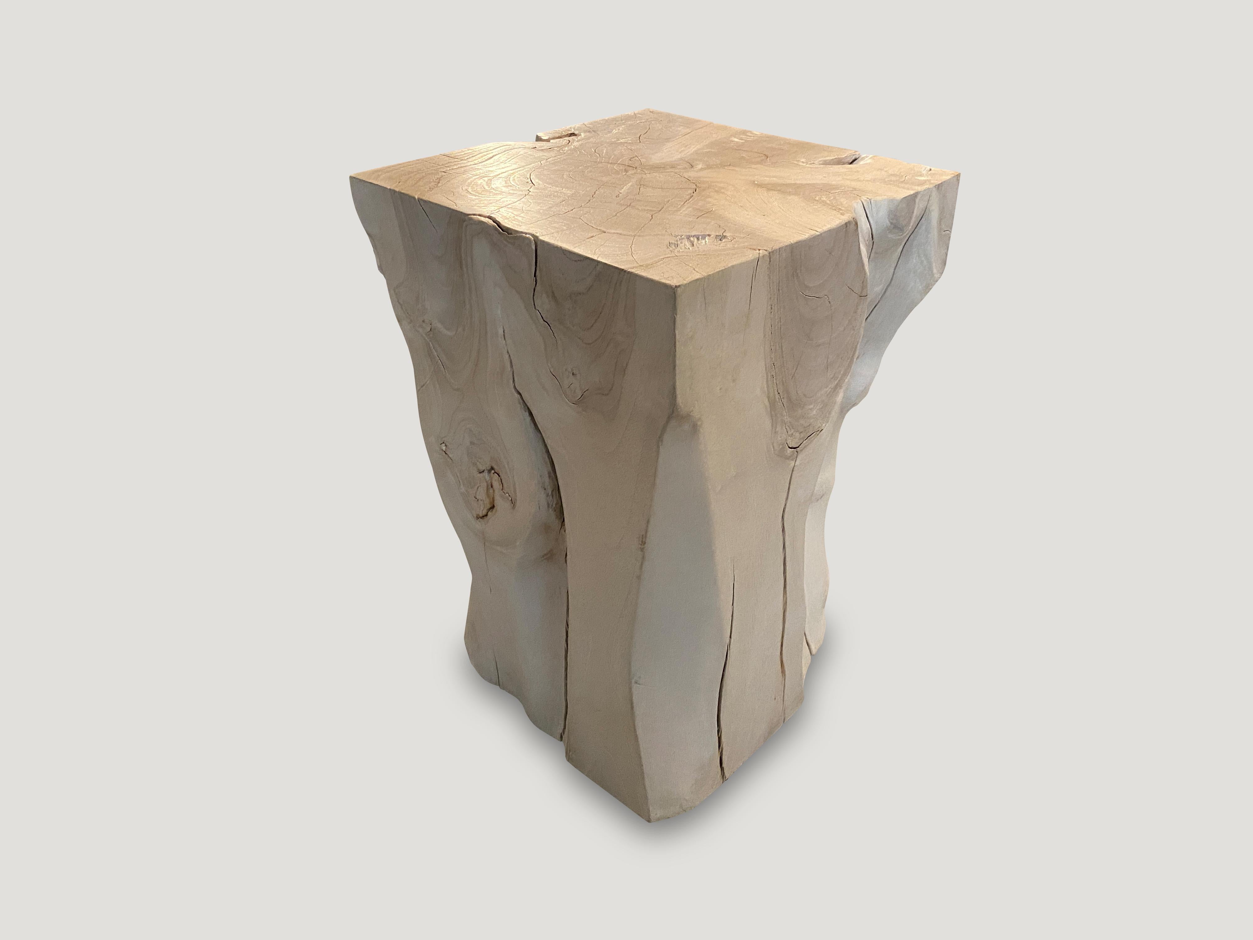 Reclaimed teak wood side table, hand carved whilst respecting the natural organic wood. Bleached to a bone finish. We have a collection. All unique. The price and size reflect the one shown. Also available charred.

The St. Barts collection