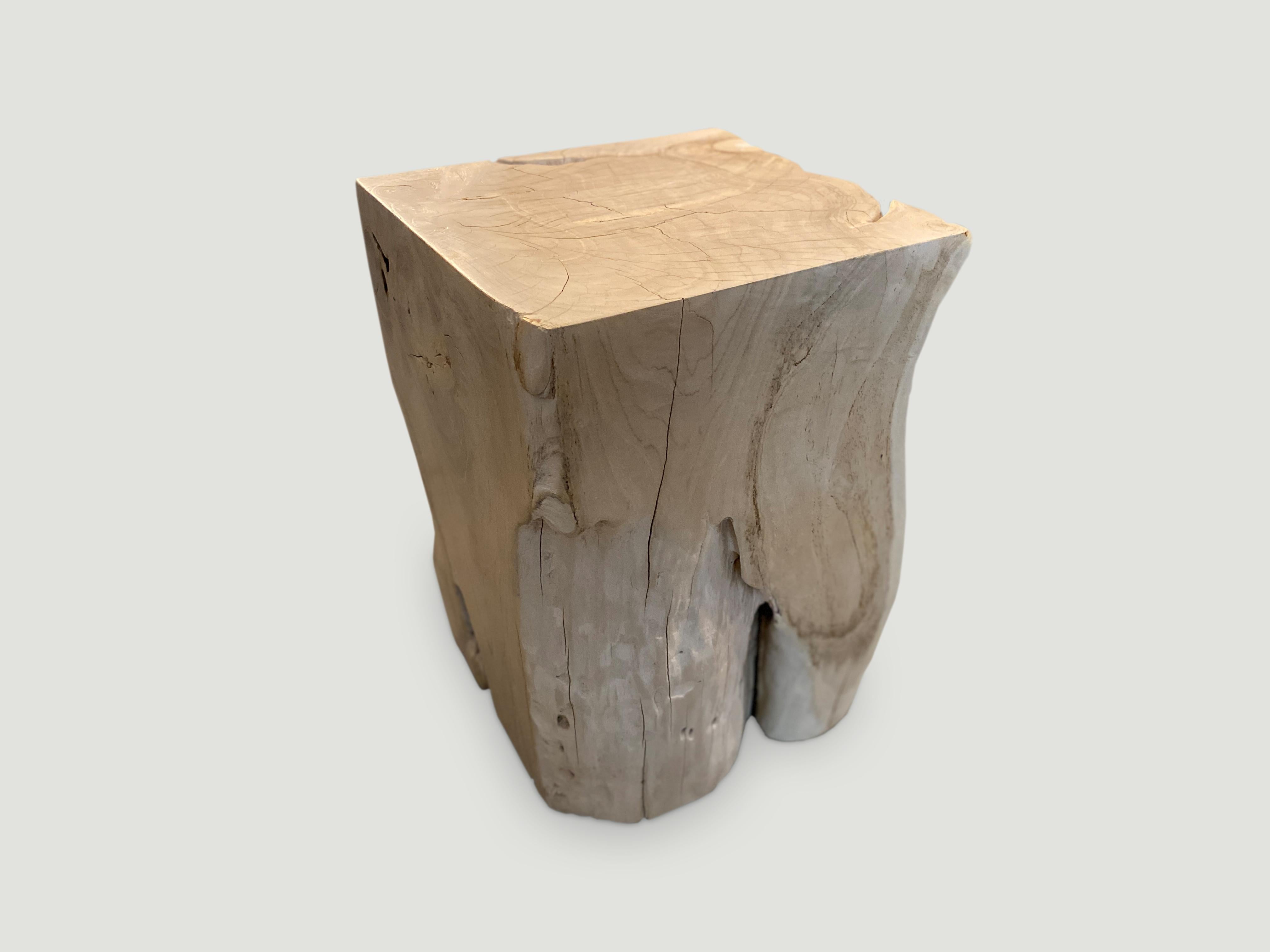 Reclaimed teak wood side table, hand carved whilst respecting the natural organic wood. Bleached to a bone finish. We have a collection. All unique. The price and size reflect the one shown. Also available charred.

The St. Barts Collection