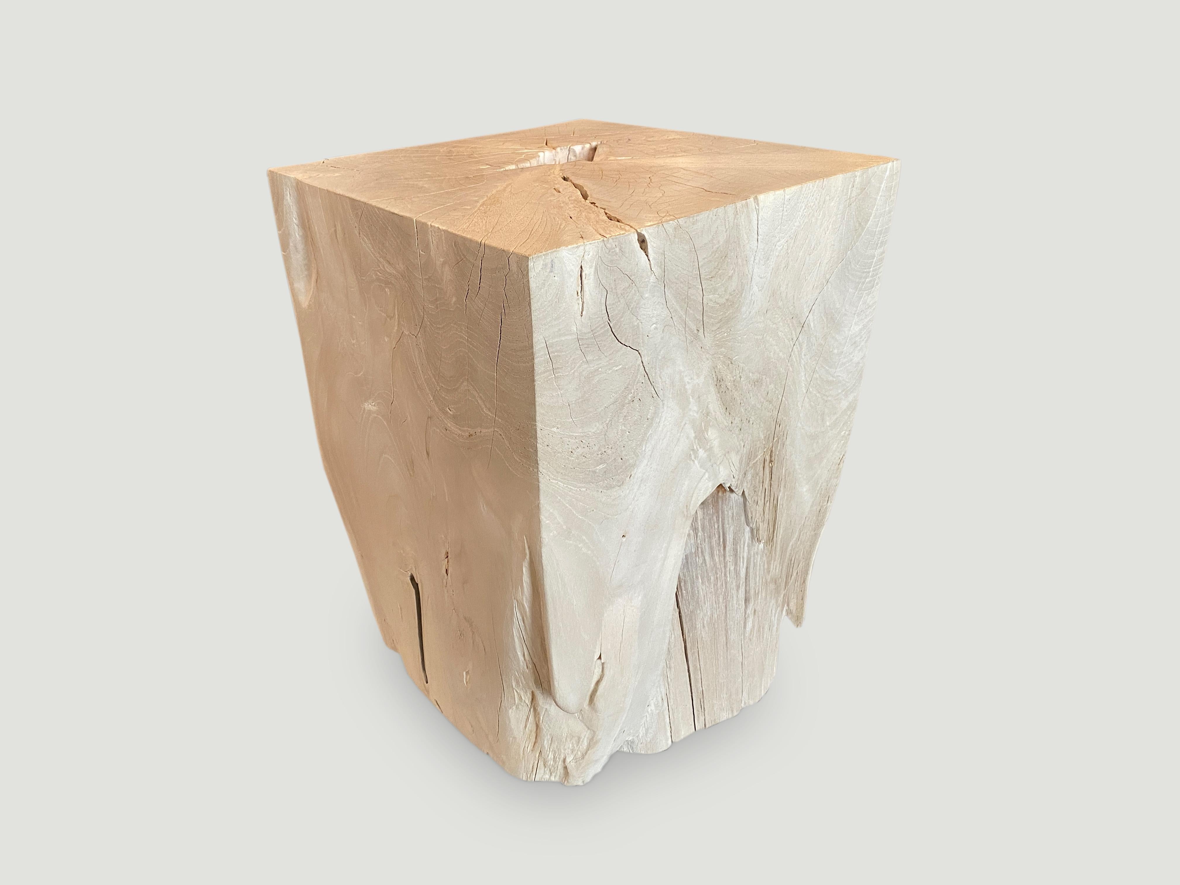 Reclaimed teak wood side table, hand carved whilst respecting the natural organic wood. Bleached to a bone finish. We have a collection. All unique. The price and size reflect the one shown. Also available charred.

The St. Barts Collection features