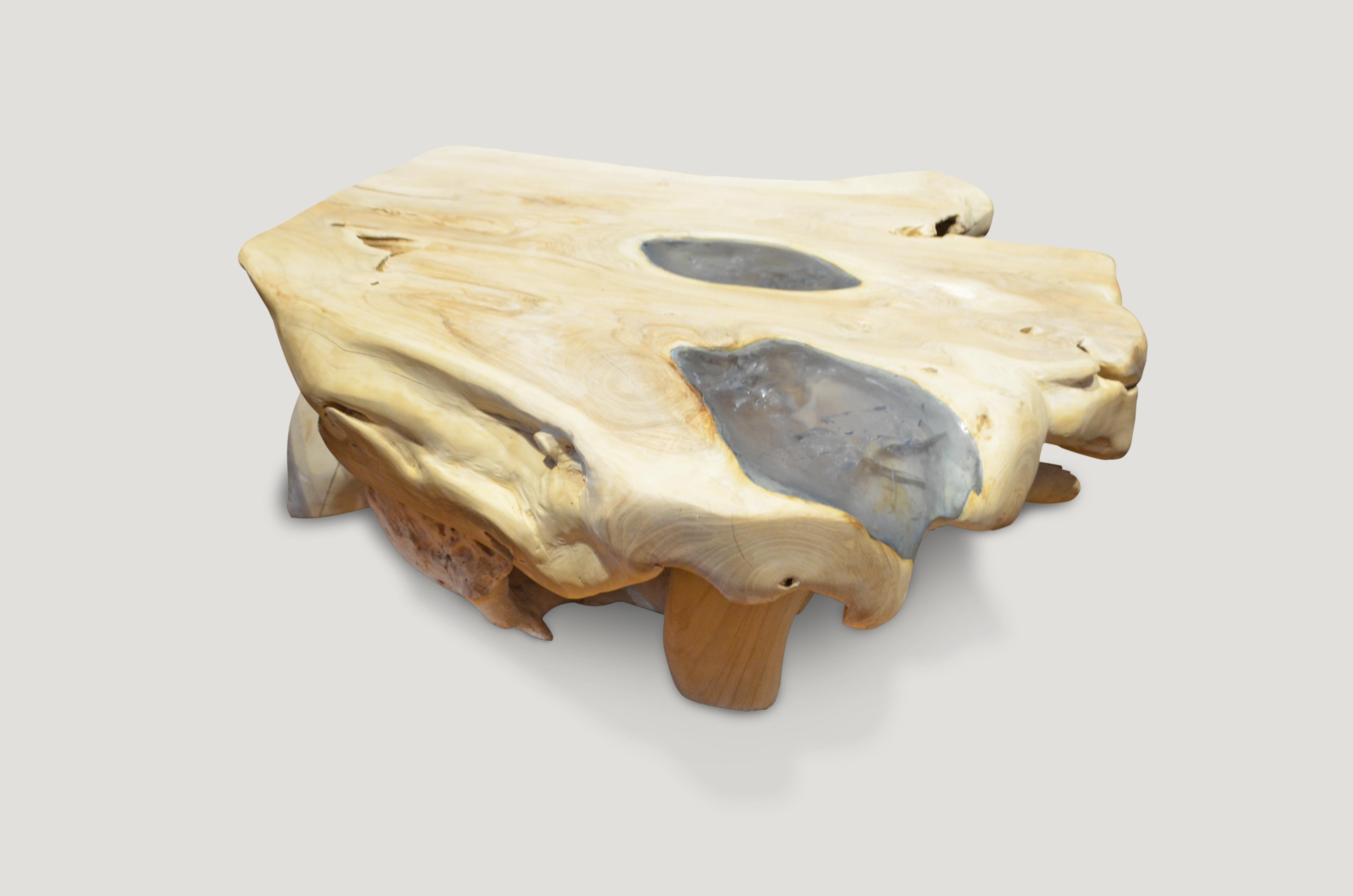Andrianna Shamaris St. Barts Ice Blue Resin and Teak Wood Coffee Table In New Condition In New York, NY