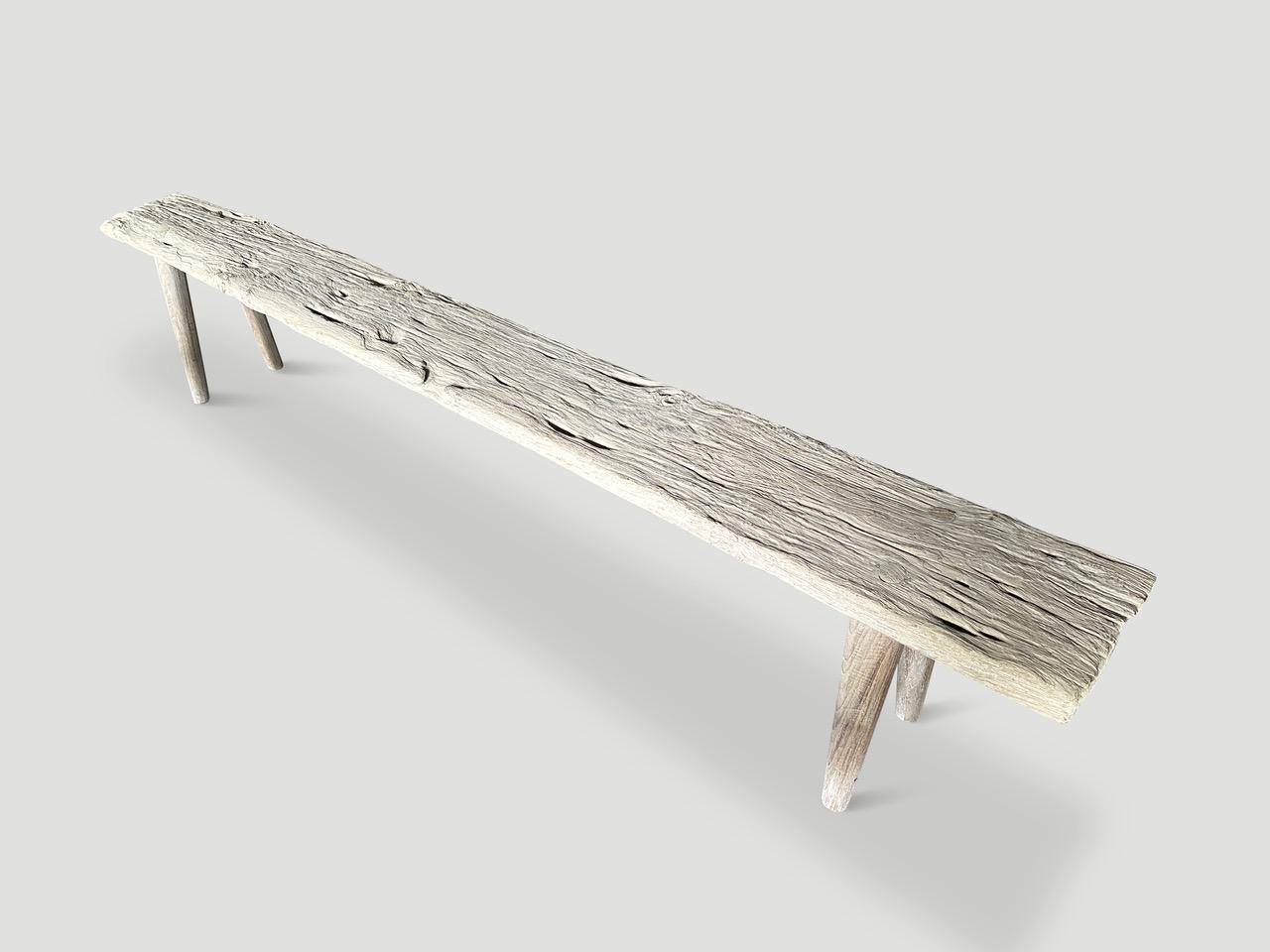 Antique Wabi Sabi bleached teak bench with unique natural wood character. We added smooth teak minimalist legs to this beautiful ancient wood panel. It’s all in the details.

The St. Barts Collection features an exciting line of organic white wash,