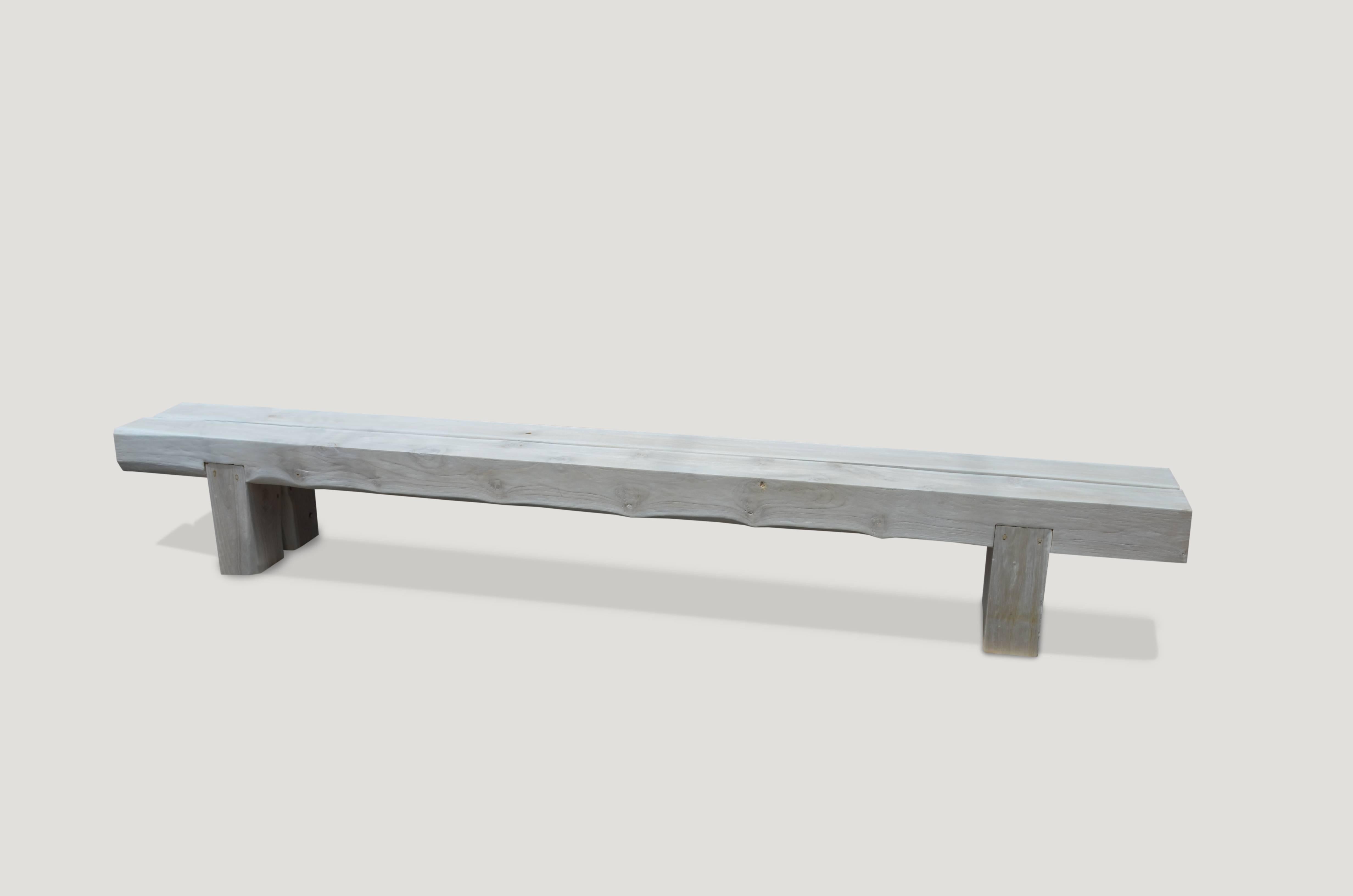 Impressive reclaimed bleached teak wood log bench. Perfect for inside or outside living. The two top pieces rest on a modern teak base. Custom finishes available.

The St. Barts collection features an exciting new line of organic white wash and