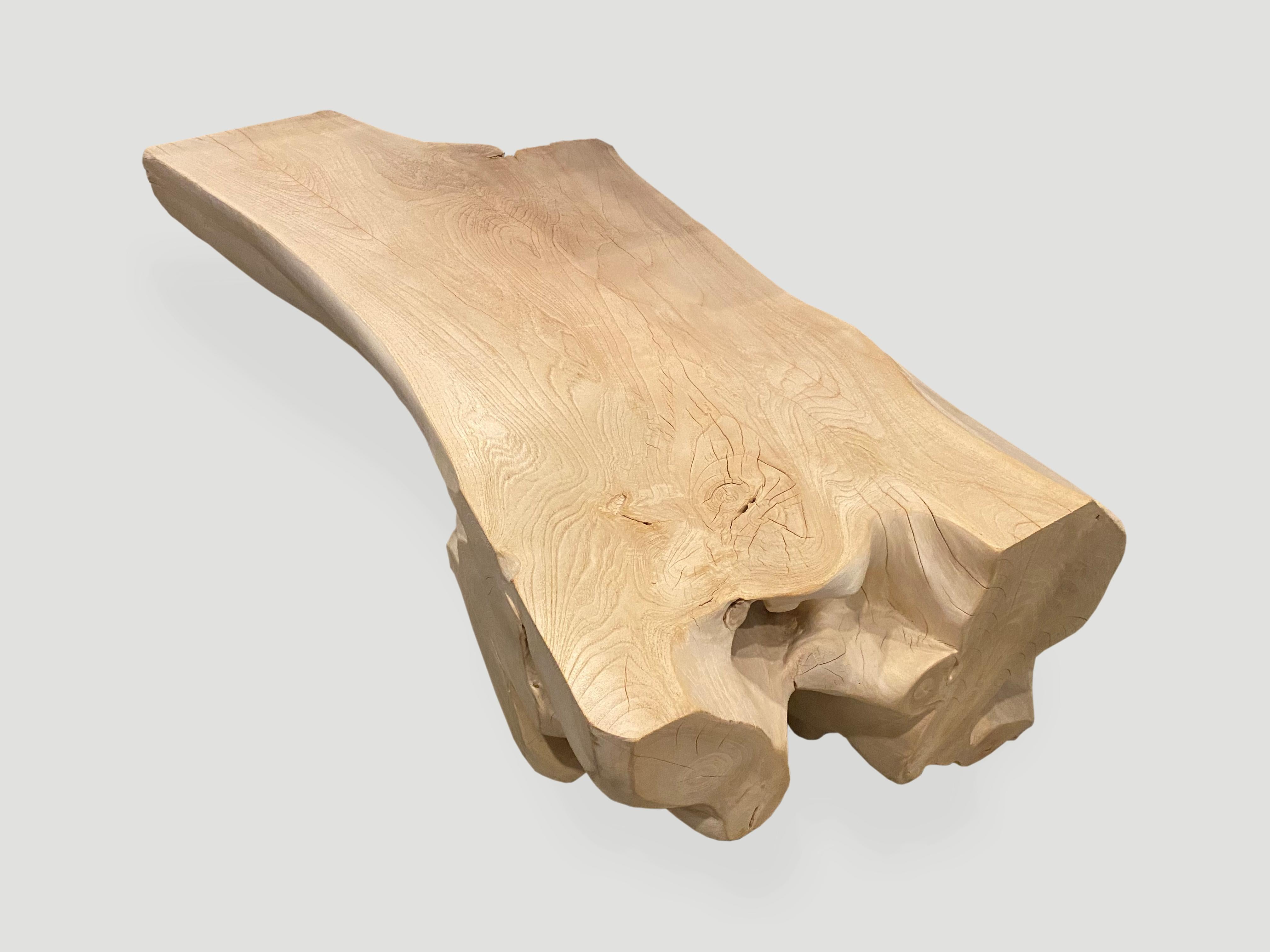 Impressive single slab coffee table or bench made from a hundred year old reclaimed teak root. We have added a light shellack on the top section. Organic is the new modern.

The St. Barts Collection features an exciting new line of organic white