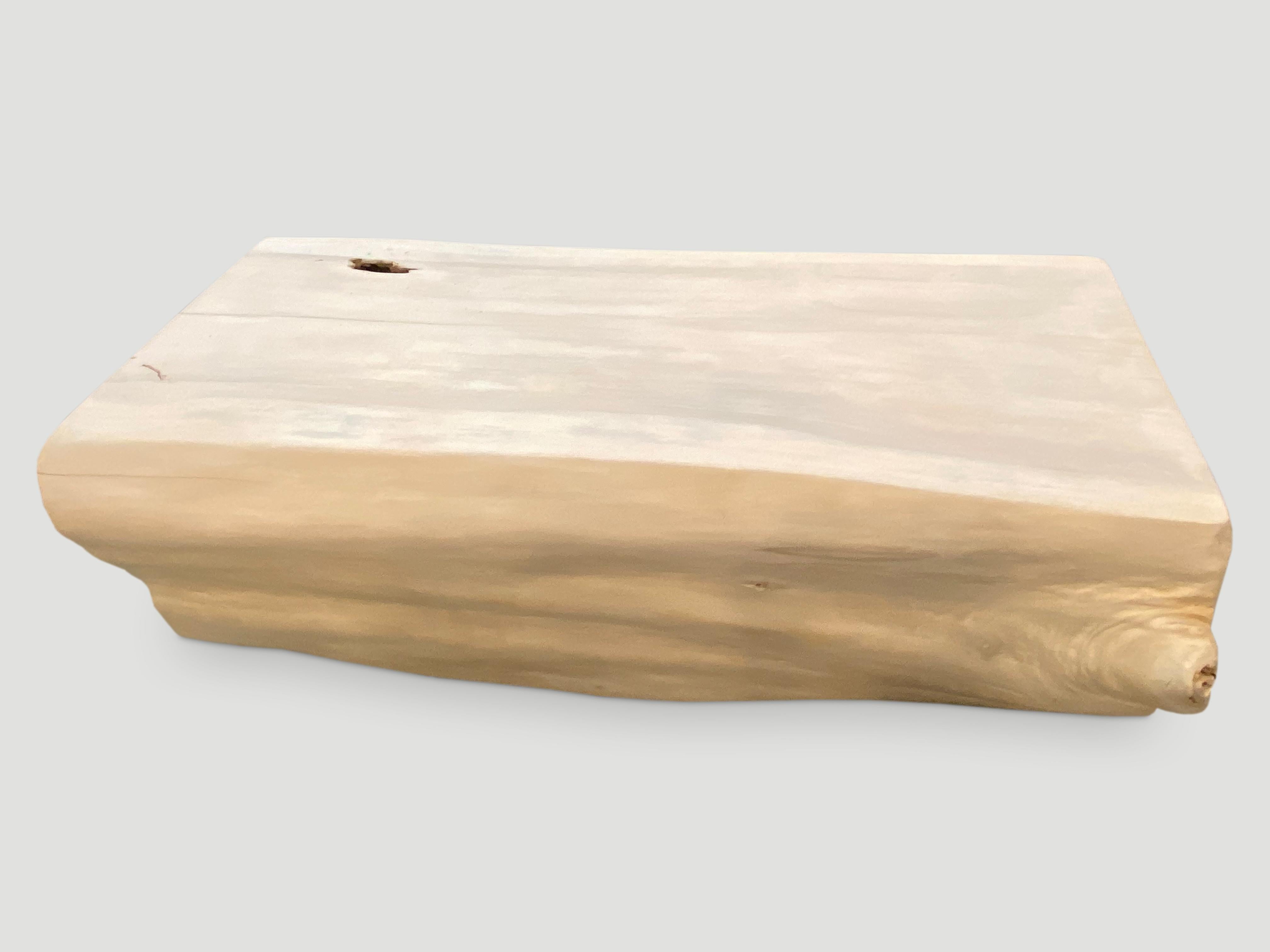 Beautiful organic reclaimed teak wood log bench. We sanded the top and sides and restored the inner section. Finally we bleached and added a light white wash. Organic is the new modern.

The St. Barts Collection features an exciting new line of