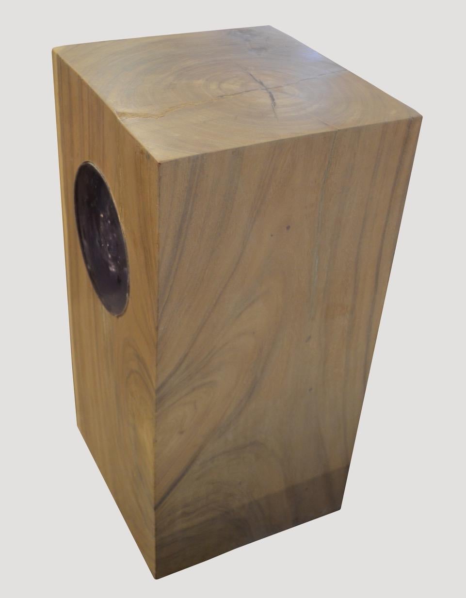 The St. Barts pedestal is made from suar wood stained white wash with a Minimalist circle filled with amethyst resin which resembles a unique quartz crystal. 

The St. Barts Collection features an exciting new line of organic white wash and