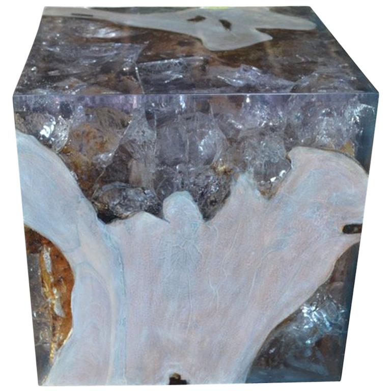 Andrianna Shamaris St. Barts Teak Wood and Cracked Resin Side Table