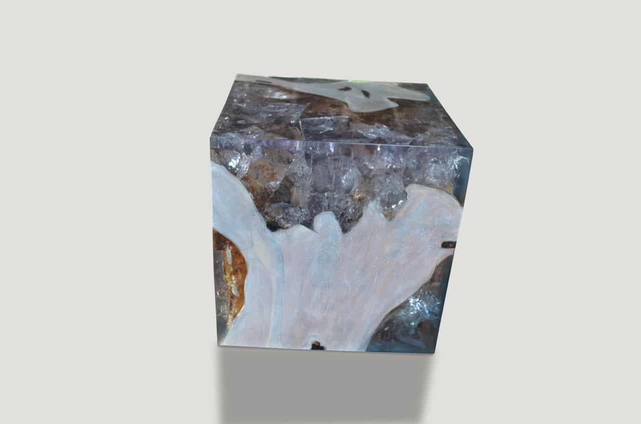 Organic Modern Andrianna Shamaris St. Barts Teak Wood and Cracked Resin Side Table For Sale