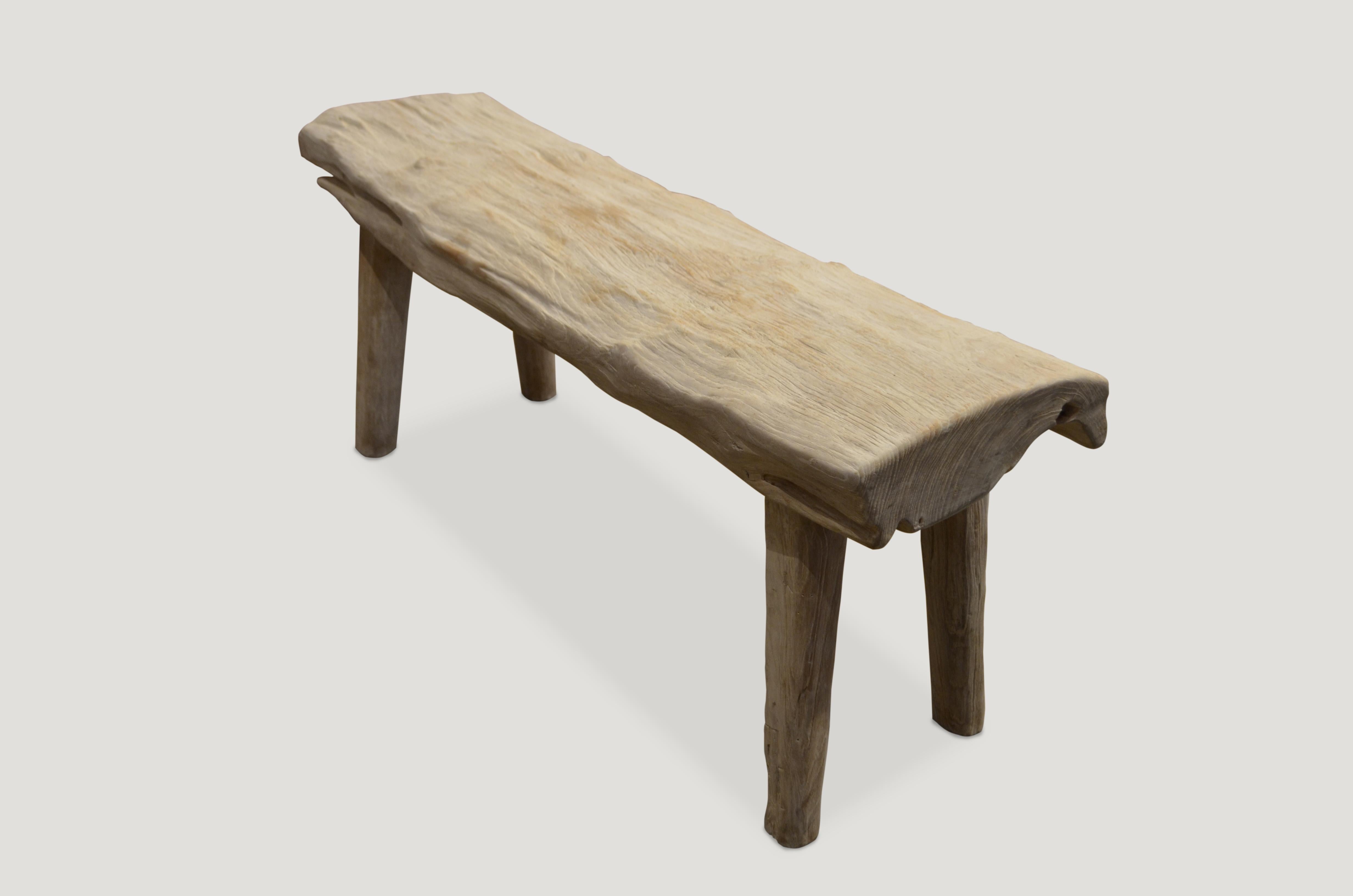 Bleached teak wood 4” slab bench with a white washed finish. Perfect for inside or outside living.

The St. Barts collection features an exciting new line of organic white wash and natural weathered bleached teak furniture. The reclaimed teak is