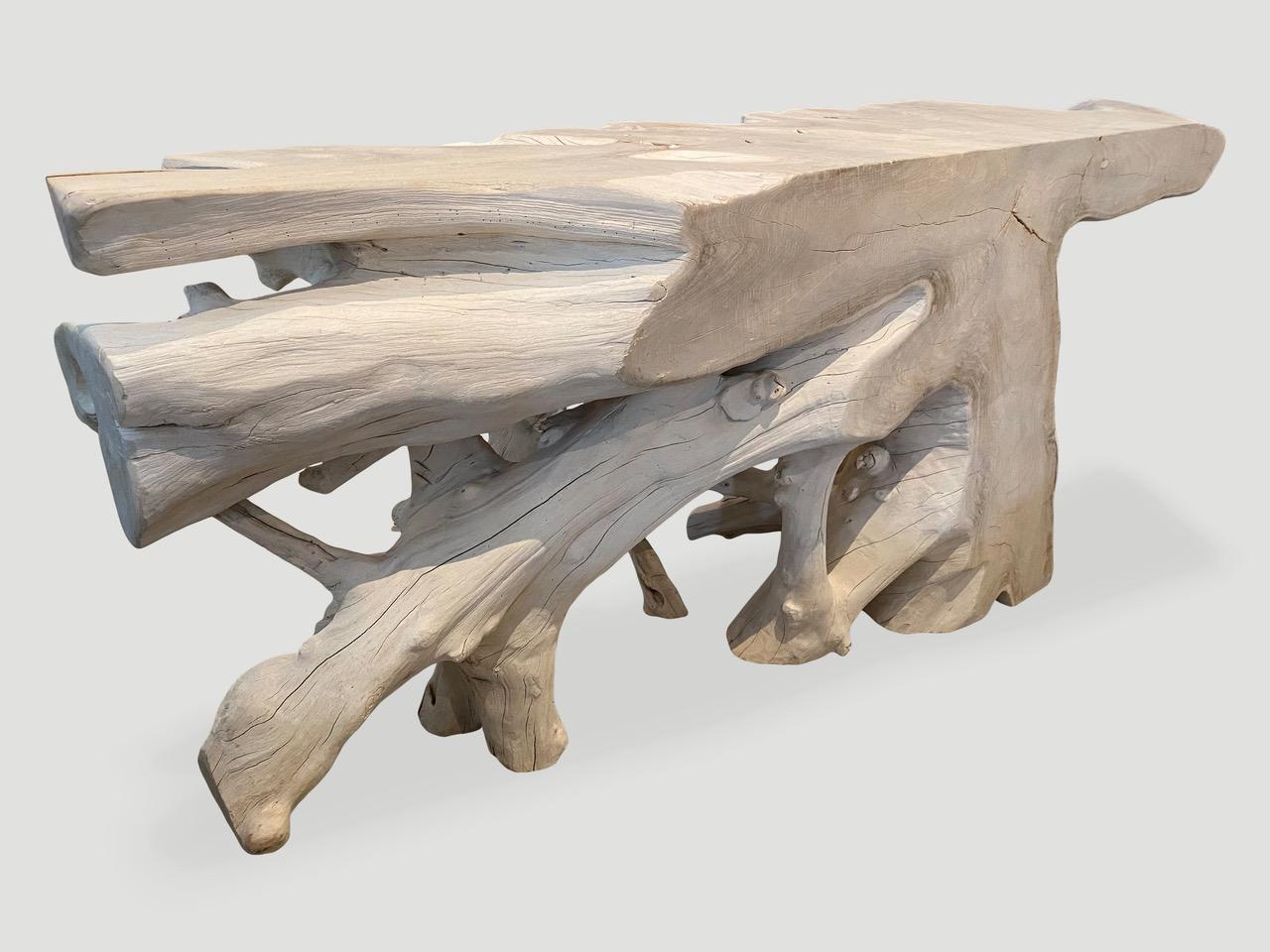 Natural organic formed console made from a hundred year old reclaimed teak root. Fabulous on both sides. Glass or lucite can be added, if preferred on the top section. Organic is the new modern.

The St. Barts Collection features an exciting new