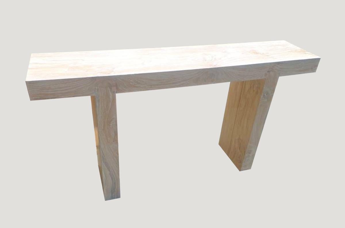 Single 3″ thick slab top console set on a modern teak wood base. The reclaimed teak wood has a light white wash cerused finish. Custom stains available.

The St. Barts collection features an exciting new line of organic white wash and natural