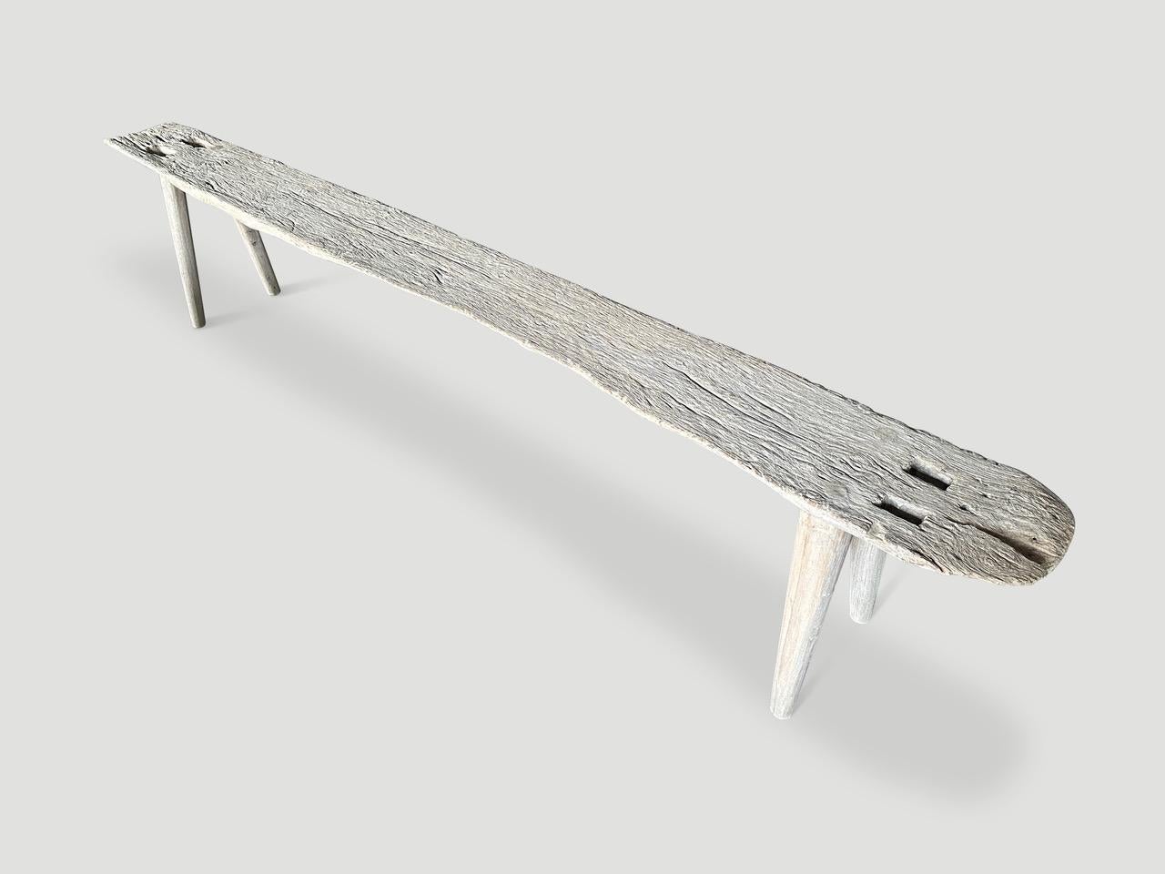 Antique Wabi Sabi bleached teak bench with unique natural wood character. We added smooth teak minimalist legs to this beautiful ancient wood panel. It’s all in the details.

The St. Barts Collection features an exciting line of organic white wash,