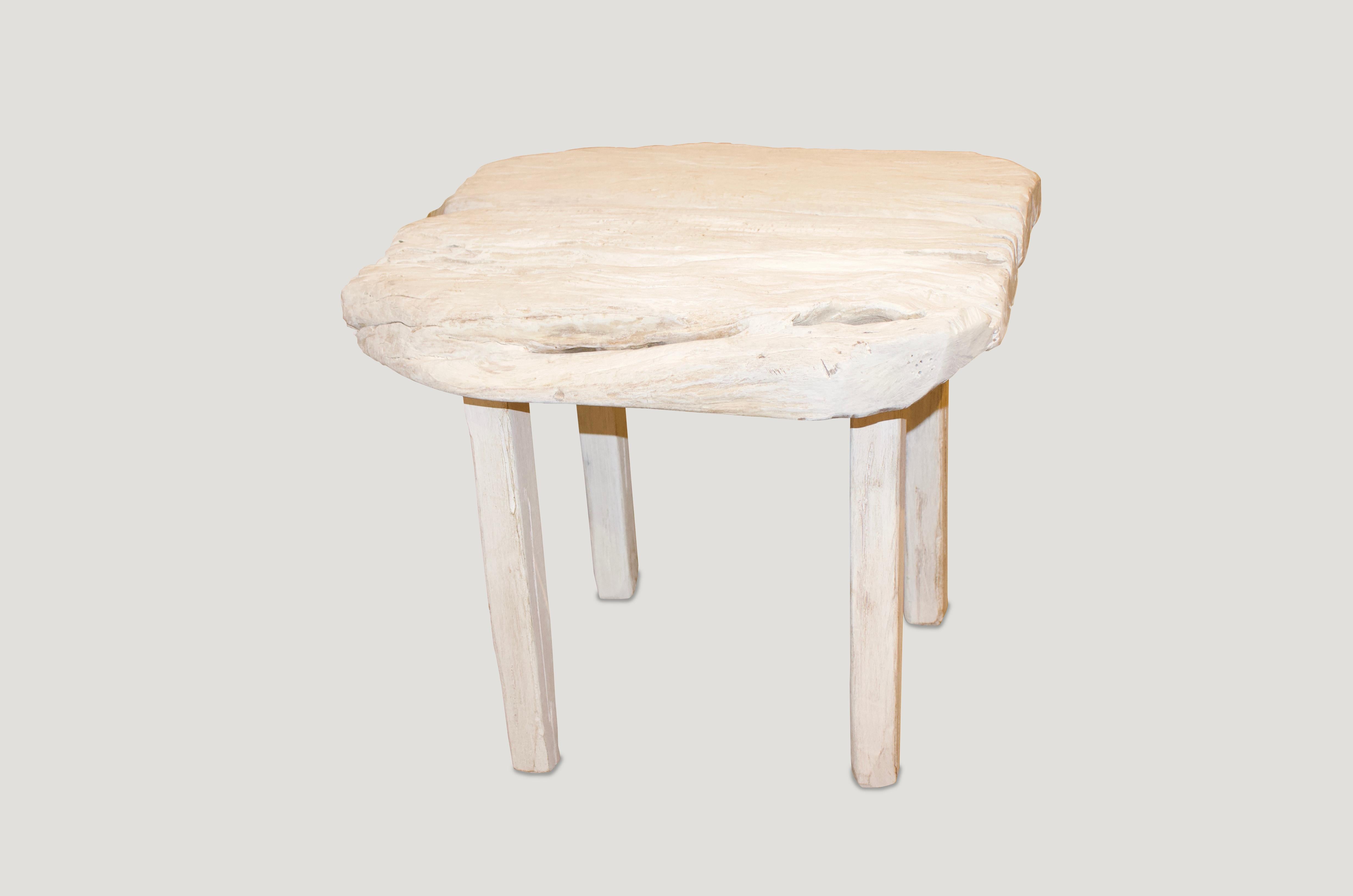 Reclaimed bleached teak side table. Pair available. The price reflects one. Perfect for inside or outside living.

The St. Barts collection features an exciting new line of organic white wash and natural weathered bleached teak furniture. The