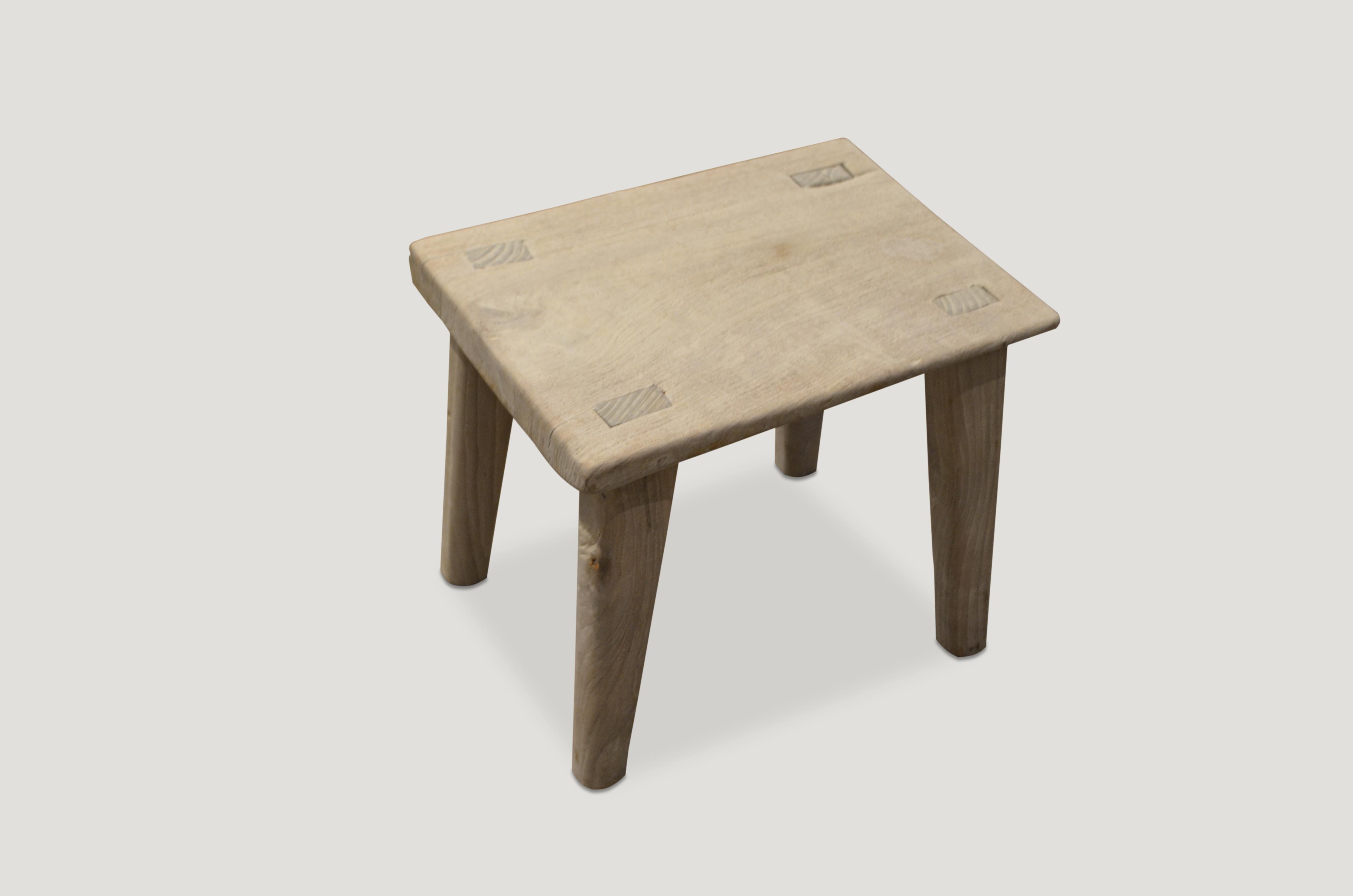 Reclaimed bleached teak wood stool or side table with a light white wash finish. Perfect for inside or outside living. We have a collection. The price reflects one.

The St. Barts collection features an exciting new line of organic white wash and