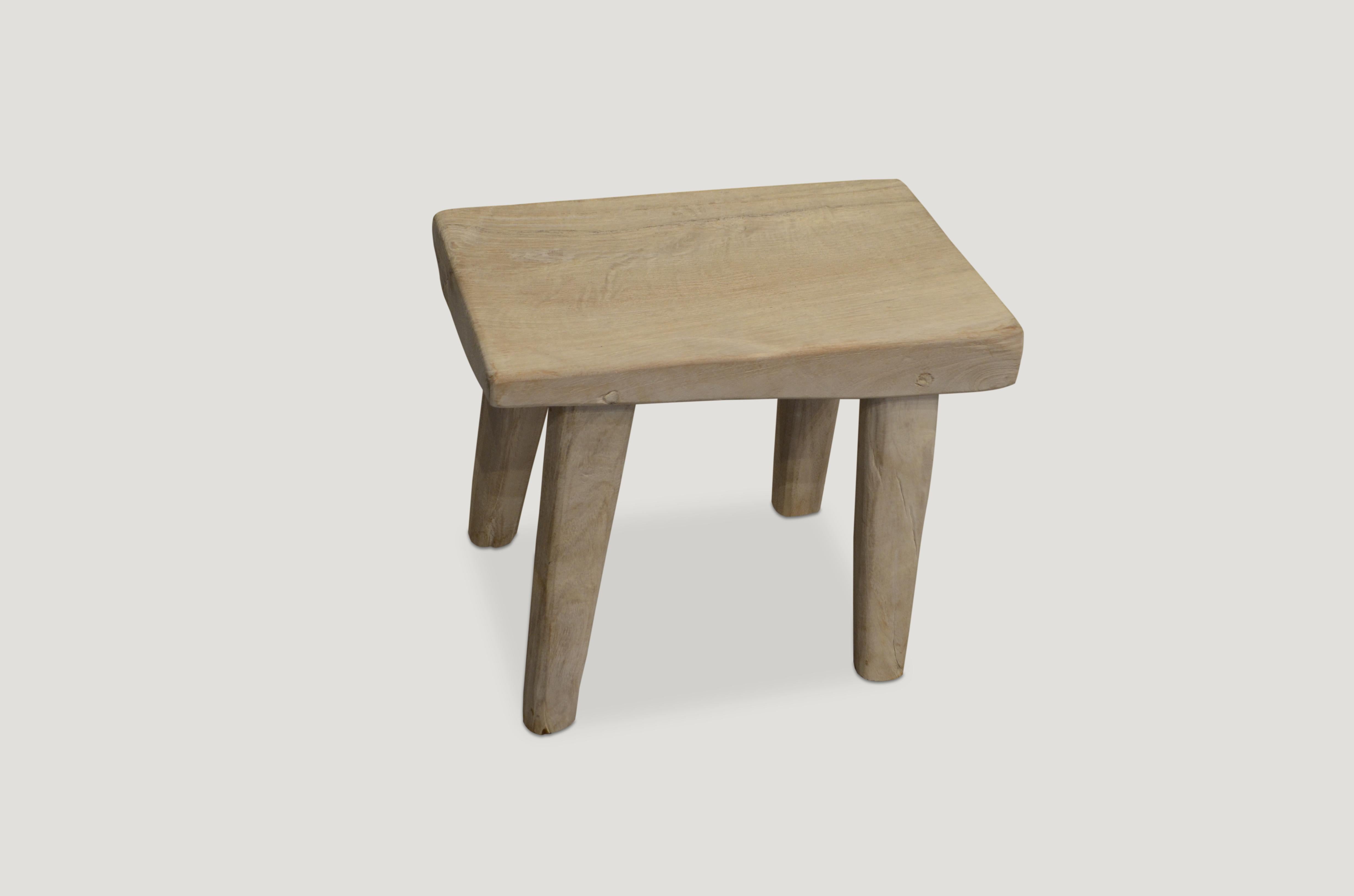 Reclaimed bleached teak wood stool or side table with a light white wash finish. Perfect for inside or outside living. We have a collection. The price reflects one.

The St. Barts collection features an exciting new line of organic white wash and