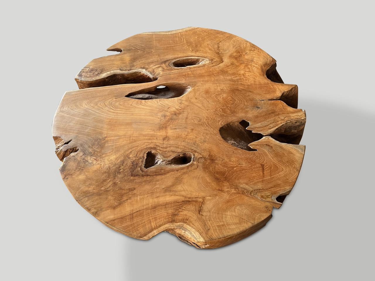 Andrianna Shamaris Steel and Teak Wood Round Coffee Table In Excellent Condition For Sale In New York, NY