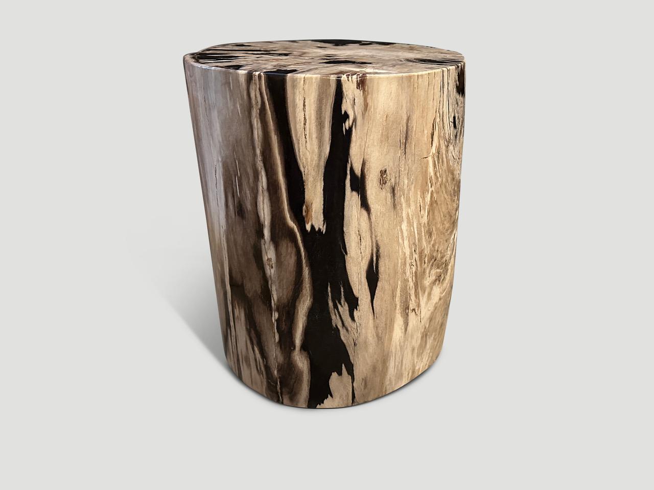 Impressive beautiful dramatic tones on this high quality super smooth, tall petrified wood side table. It’s fascinating how Mother Nature produces these stunning 40 million year old petrified teak logs with such contrasting colors and natural