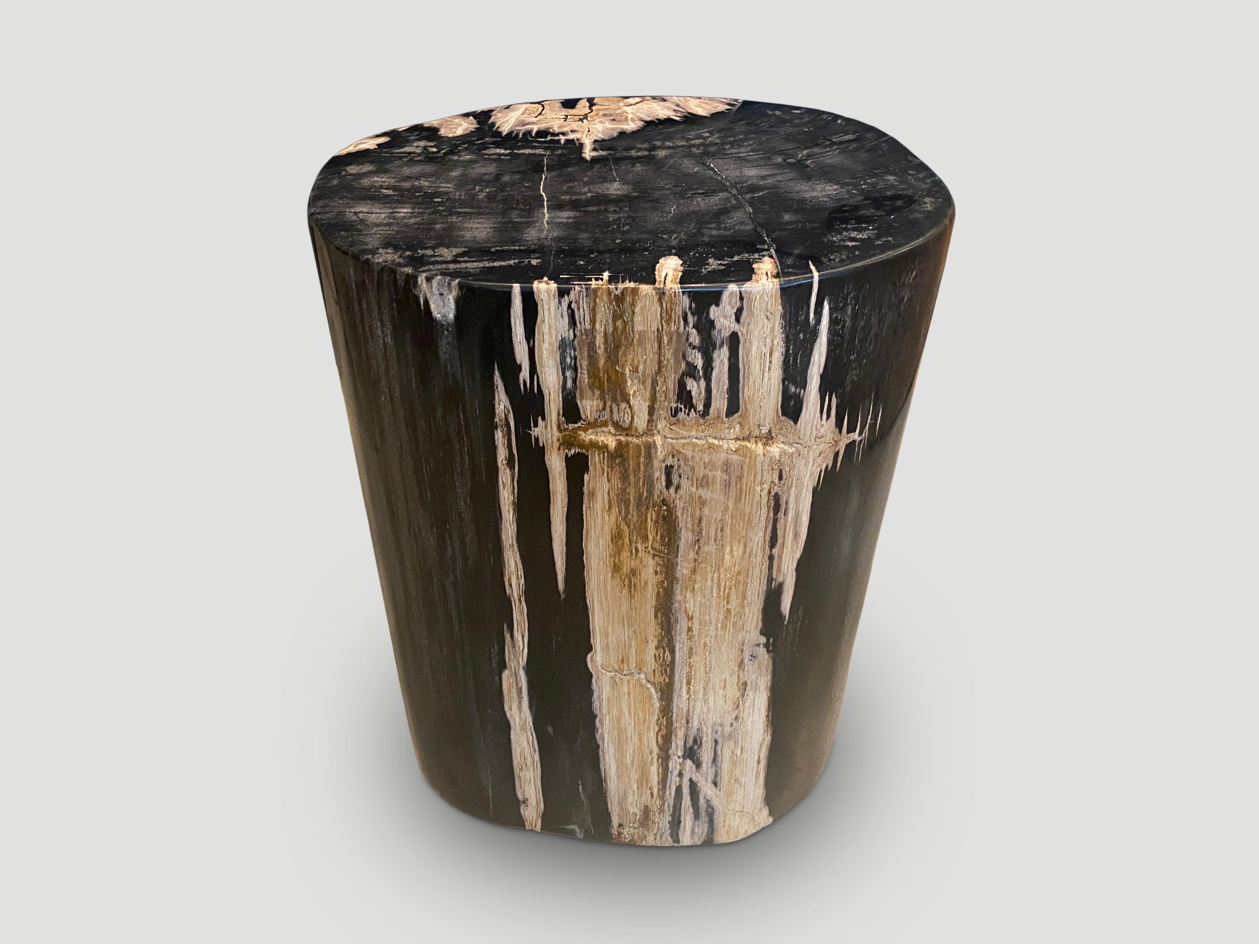 Impressive beautiful contrasting tones on this high quality super smooth petrified wood side table. It’s fascinating how Mother Nature produces these stunning 40 million year old petrified teak logs with such contrasting colors and natural patterns