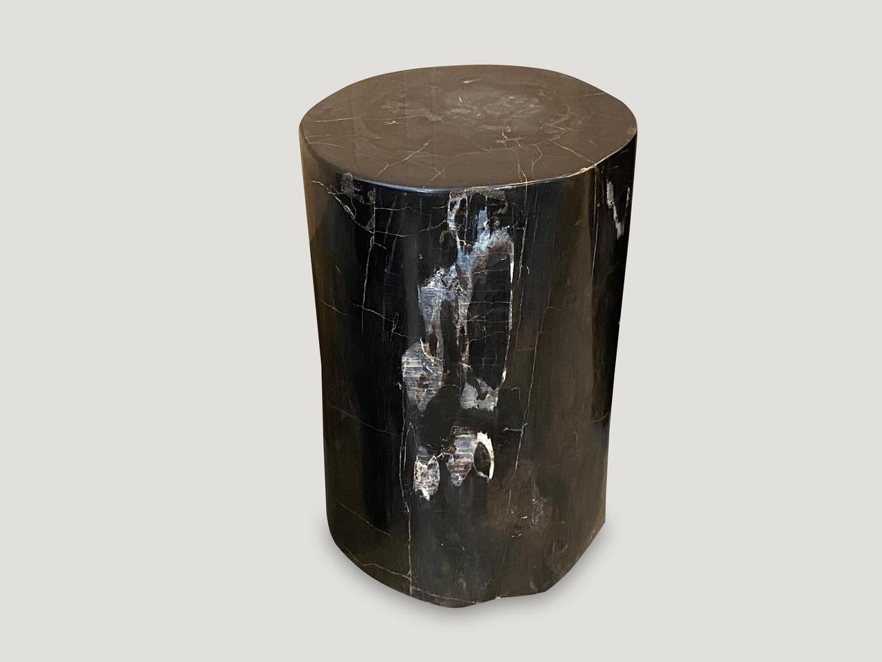 Super smooth petrified wood side table. It’s fascinating how Mother Nature produces these stunning 40 million year old petrified teak logs with such contrasting and natural patterns throughout. Modern yet with so much history. We have a collection