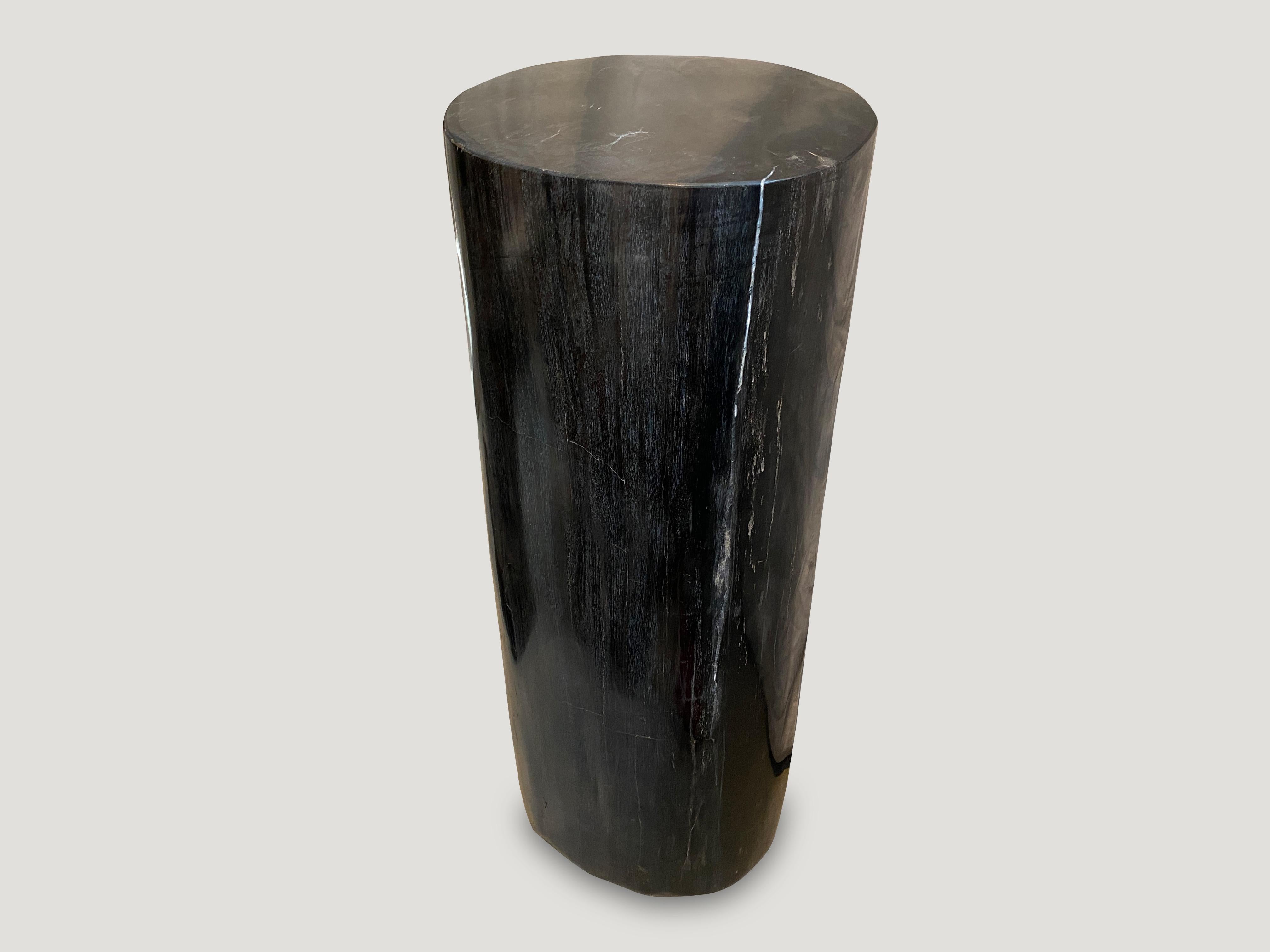 Impressive super smooth high quality petrified wood pedestal or side table. We have a pair cut from the same petrified wood log. The pair are shown together in the final images. The size and images reflect the single one shown.

As with a diamond,