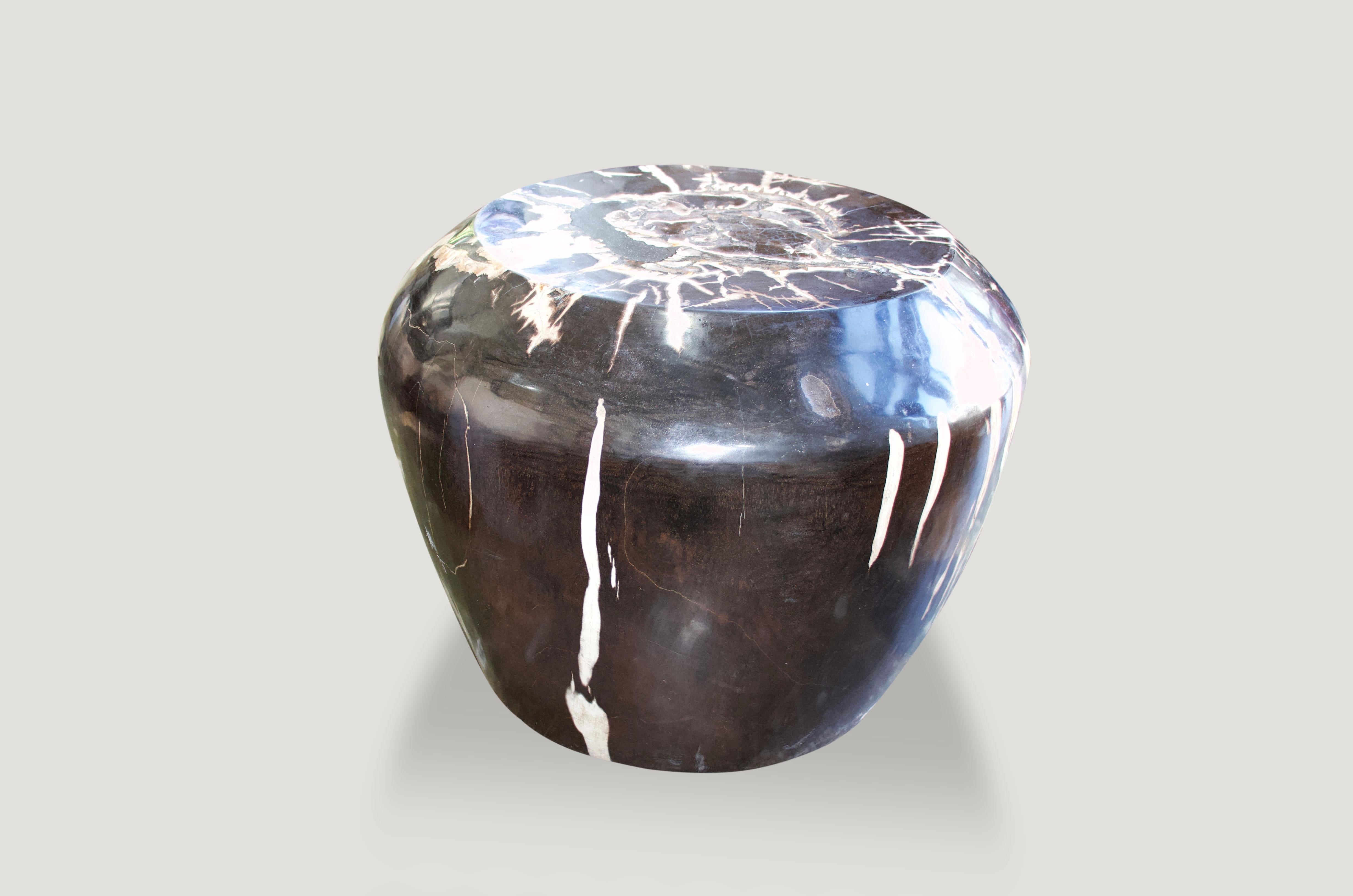 Stunning bold contrasting black and white petrified wood side table shaped into this beautiful drum style. 22