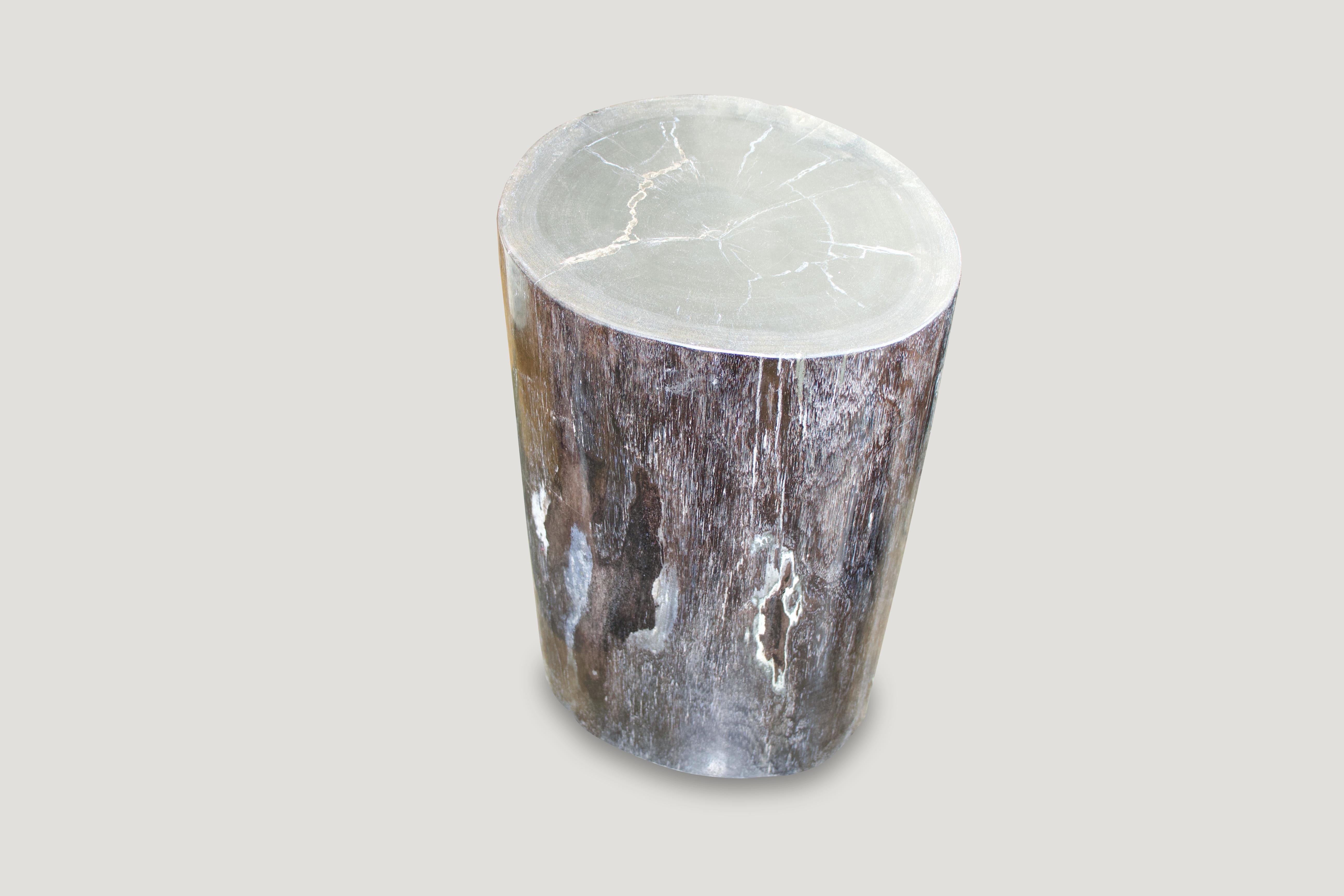 Classic dark tones with a dash of white in this fabulous high quality petrified wood side table. We have a pair available cut from the same petrified log. The images are for the one shown and the price reflects one.

We source the highest quality