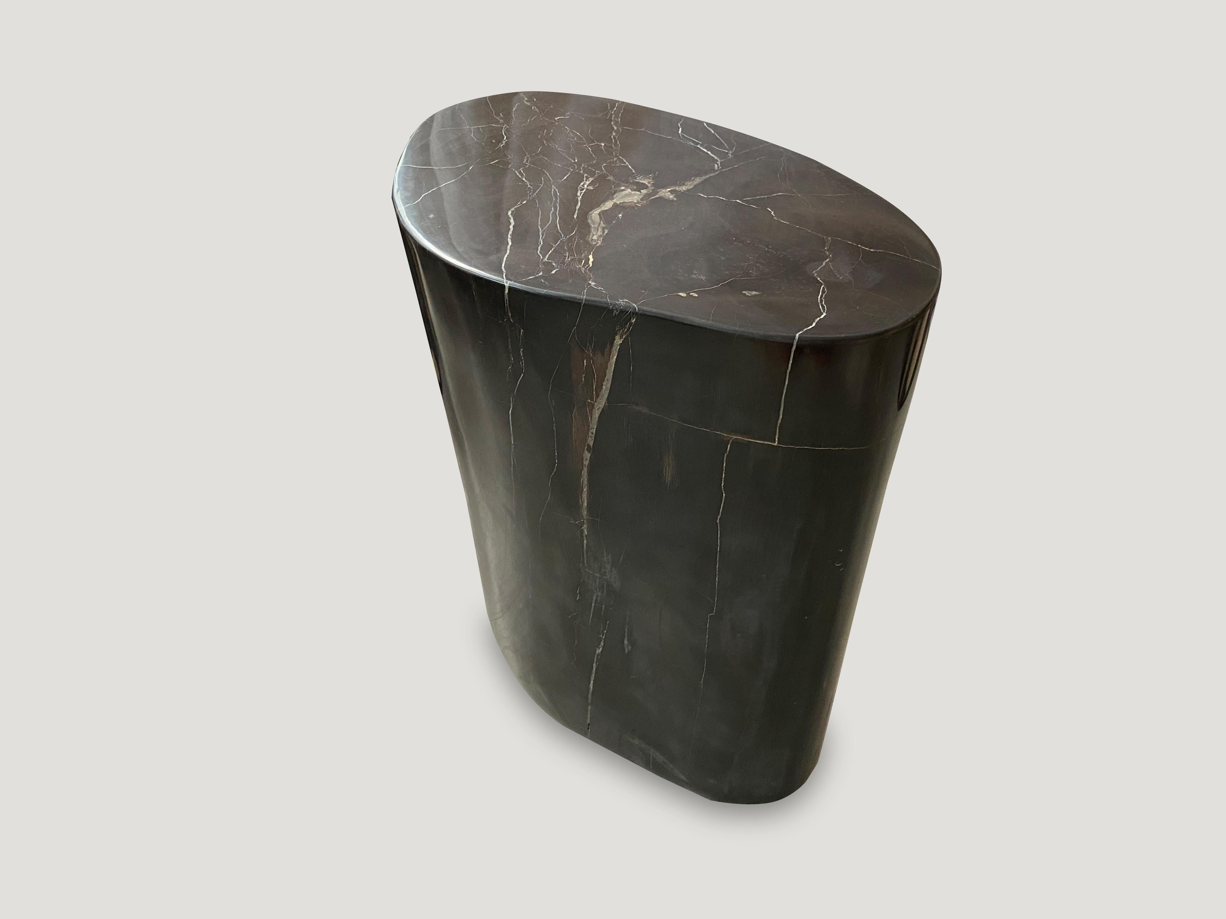 Minimalist black with fine white veins on this high quality petrified wood side table. It’s fascinating how Mother Nature produces these exquisite 40 million year old petrified teak logs with such contrasting colors and natural patterns throughout.
