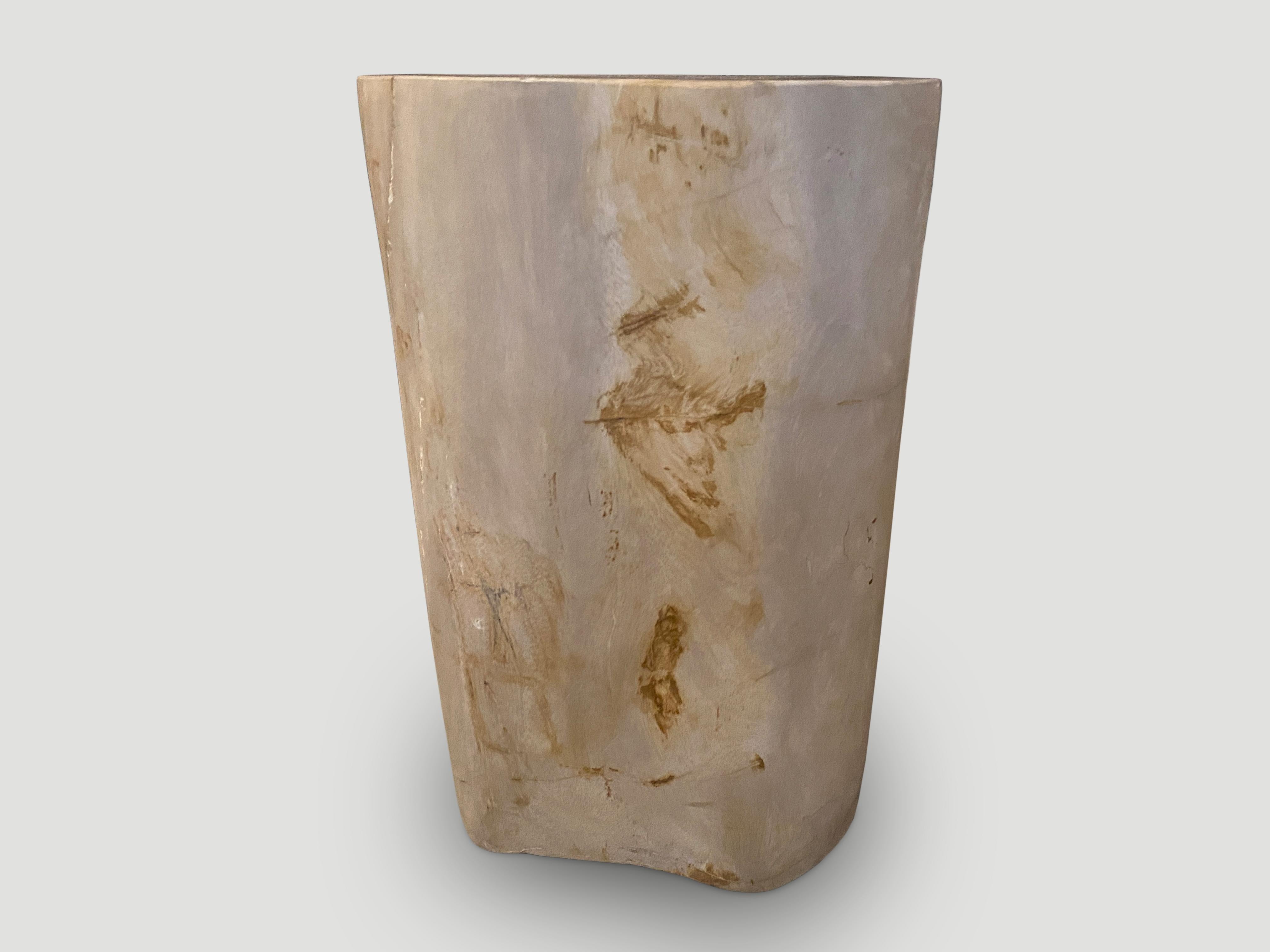 Impressive beautiful petrified wood side table. It’s fascinating how Mother Nature produces these stunning 40 million year old petrified teak logs with such contrasting colors and natural patterns throughout. Modern yet with so much history. The
