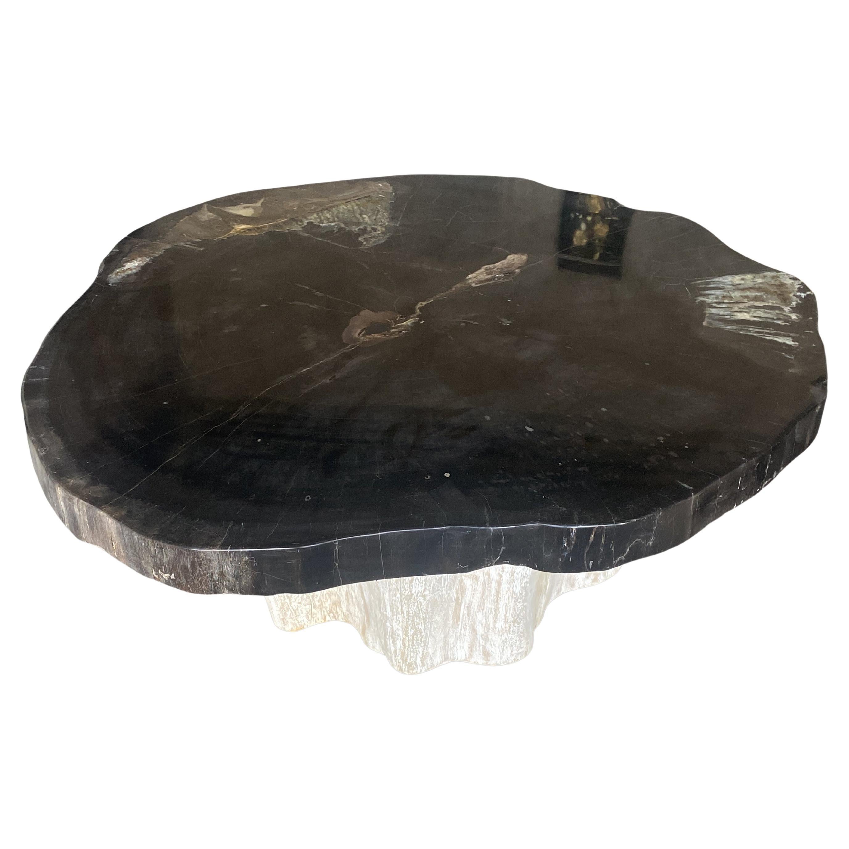 Andrianna Shamaris Super Smooth Petrified Wood Coffee Table with Teak Base  For Sale