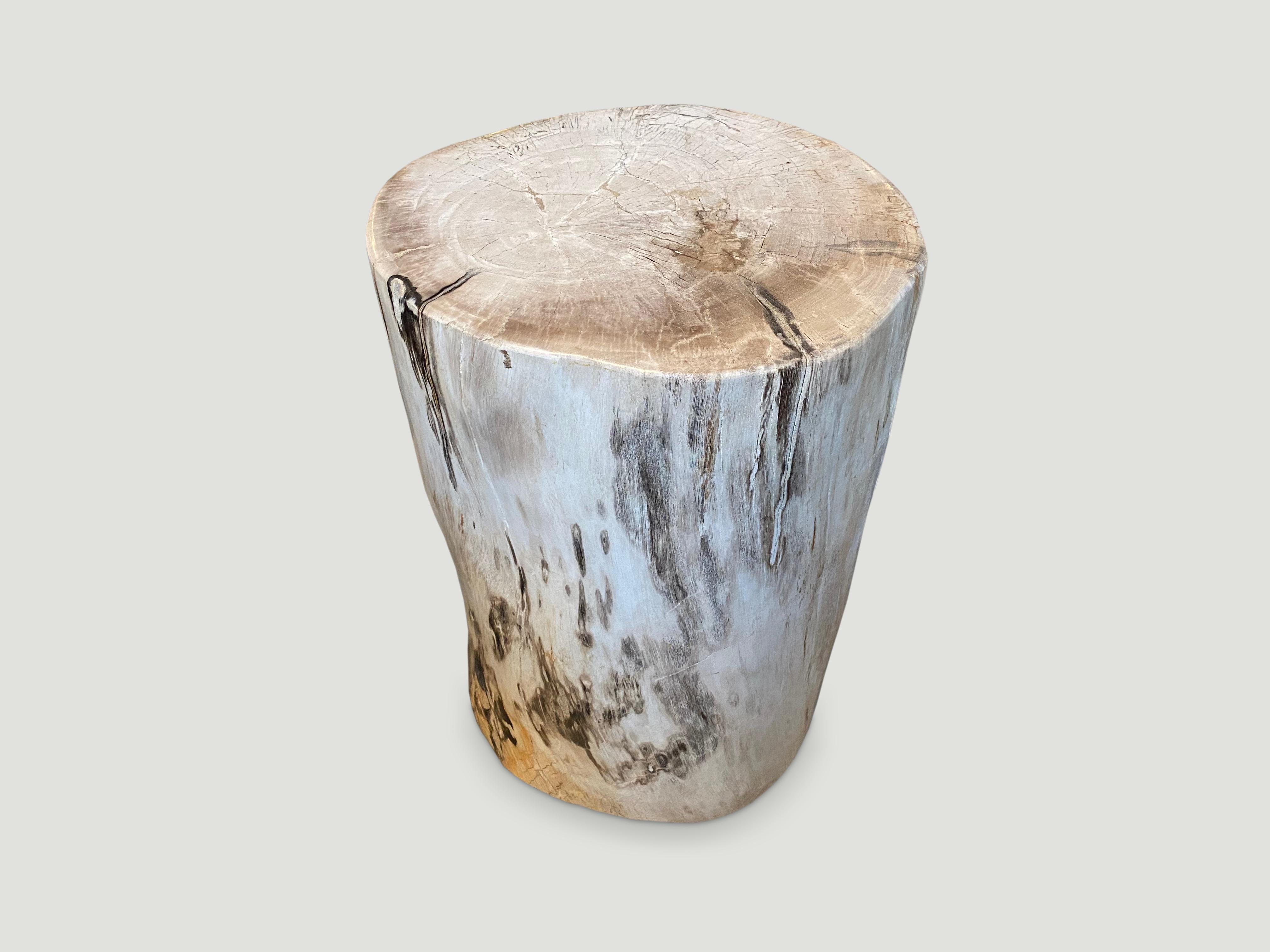 Beautiful, grey and creamy tones in this super smooth, high quality petrified wood side table.

As with a diamond, we polish the highest quality fossilized petrified wood, using our latest ground breaking technology, to reveal its natural beauty