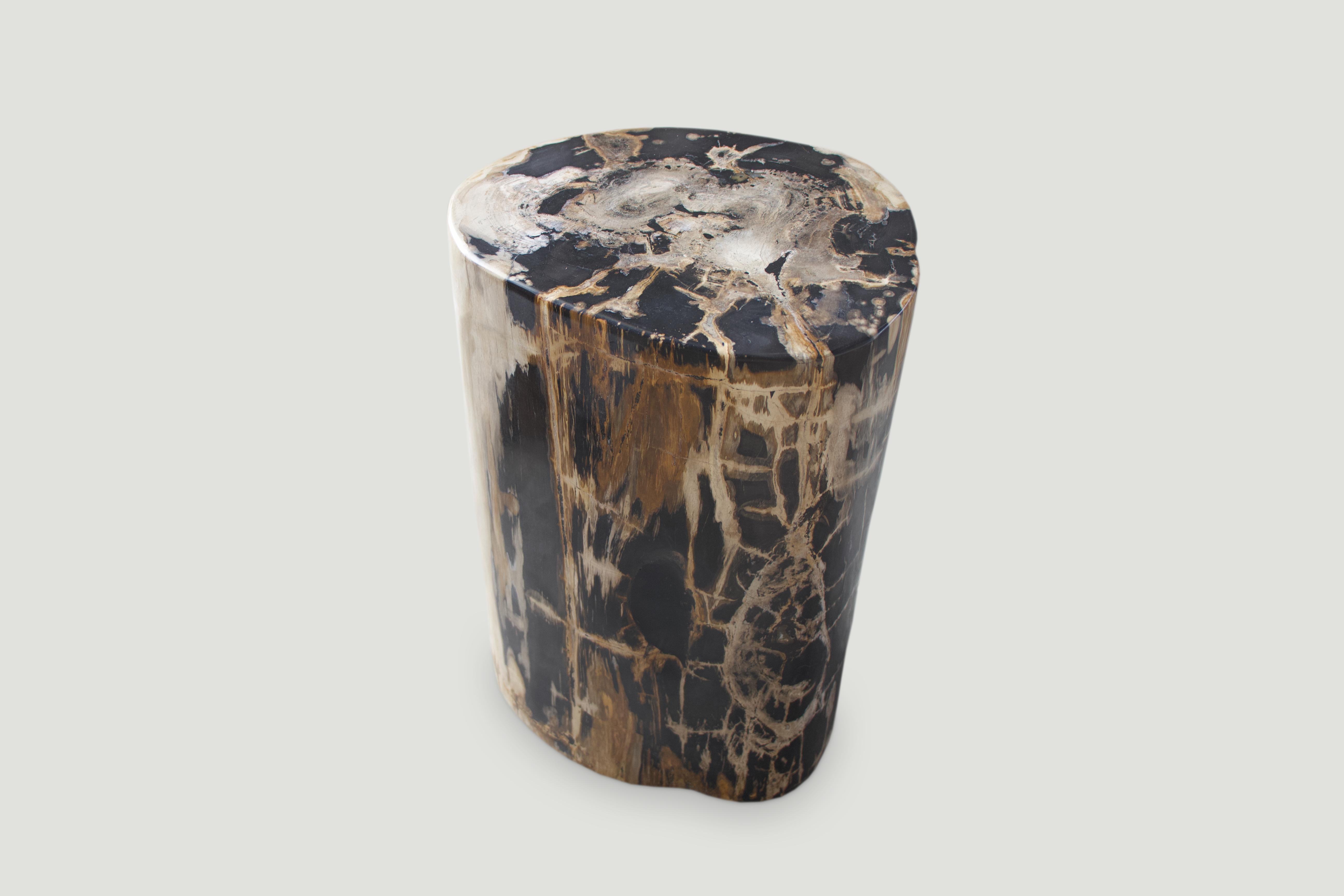 Beautiful natural markings on this super smooth petrified wood side table. It’s fascinating how Mother Nature produces these stunning 40 million year old petrified teak logs with such contrasting colors with natural patterns throughout. Modern yet
