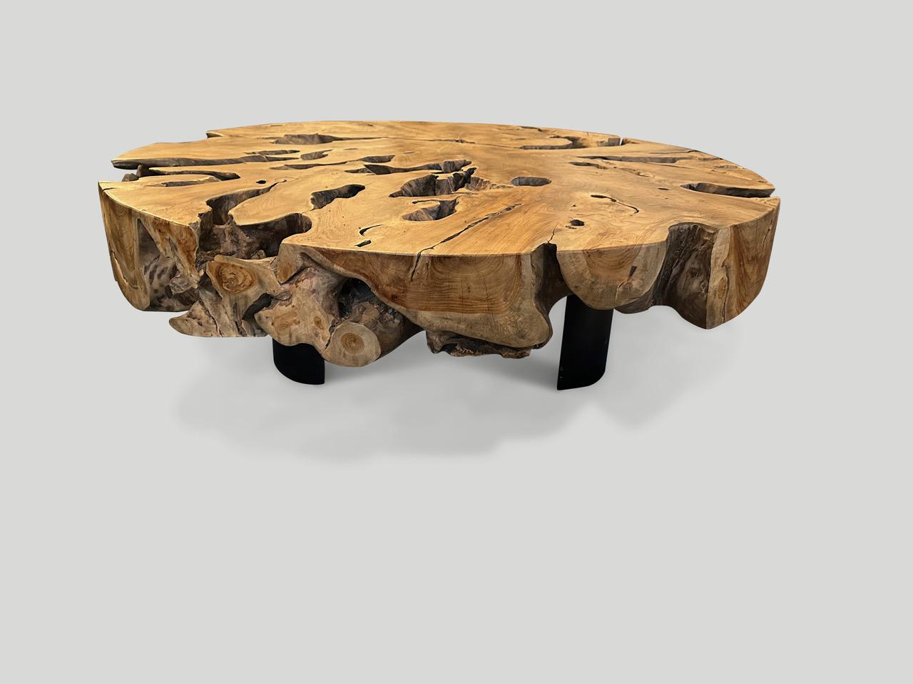 Andrianna Shamaris Teak Wood and Steel Round Coffee Table In Excellent Condition For Sale In New York, NY