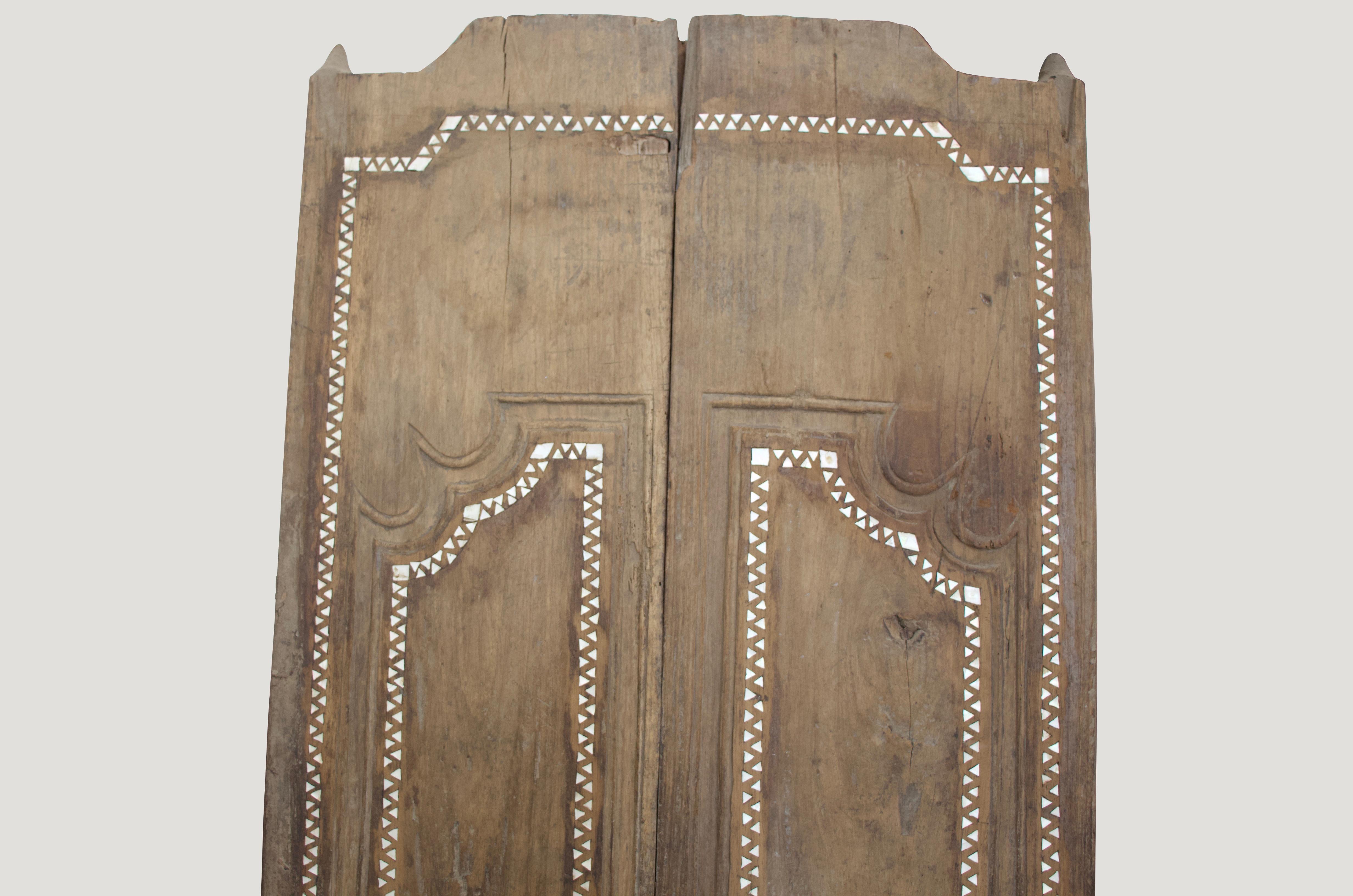 Andrianna Shamaris Teak Wood Antique Temple Door With Shell Inlay In Excellent Condition In New York, NY