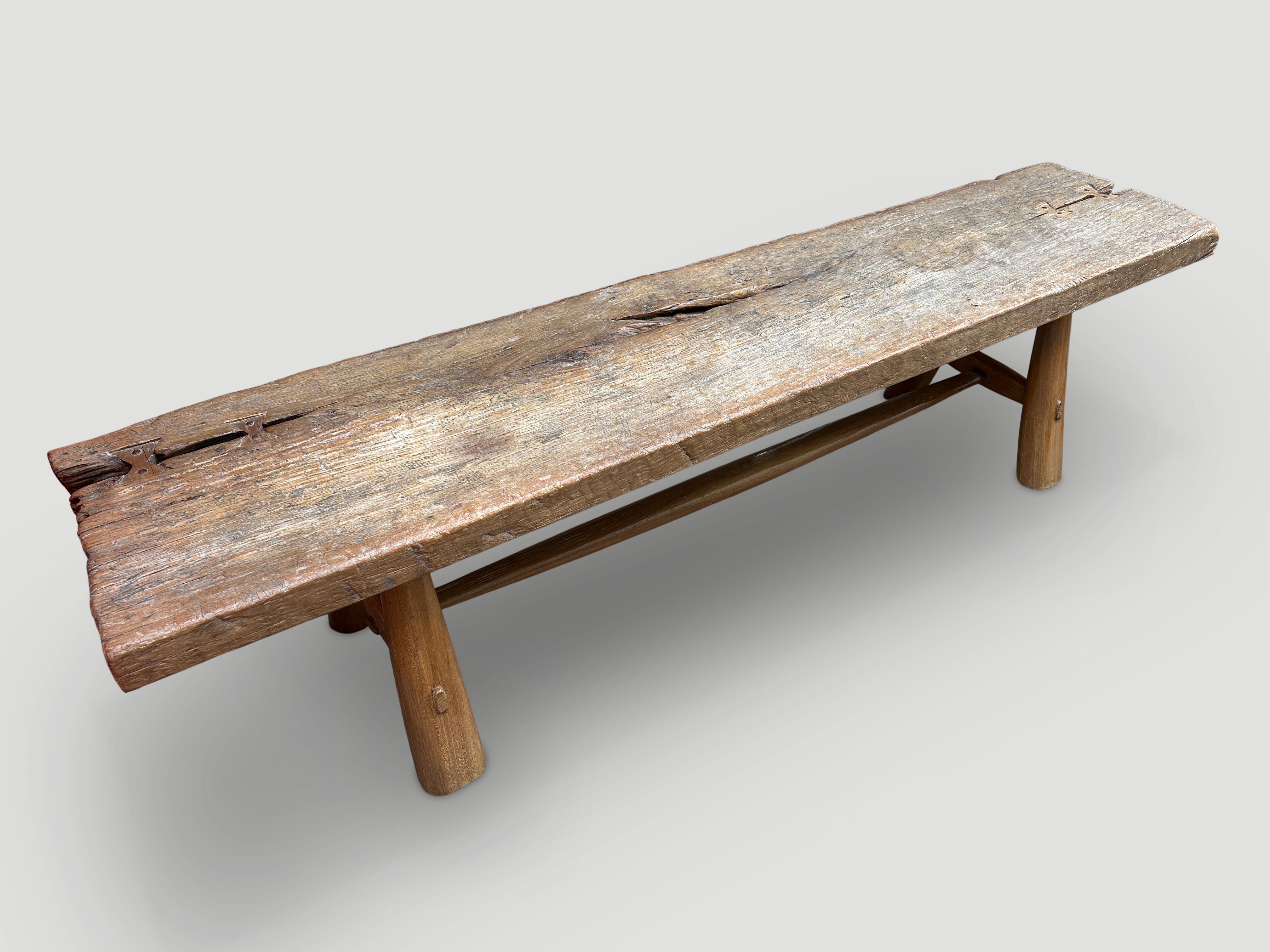 Andrianna Shamaris Teak Wood Midcentury Couture Bench In Excellent Condition In New York, NY