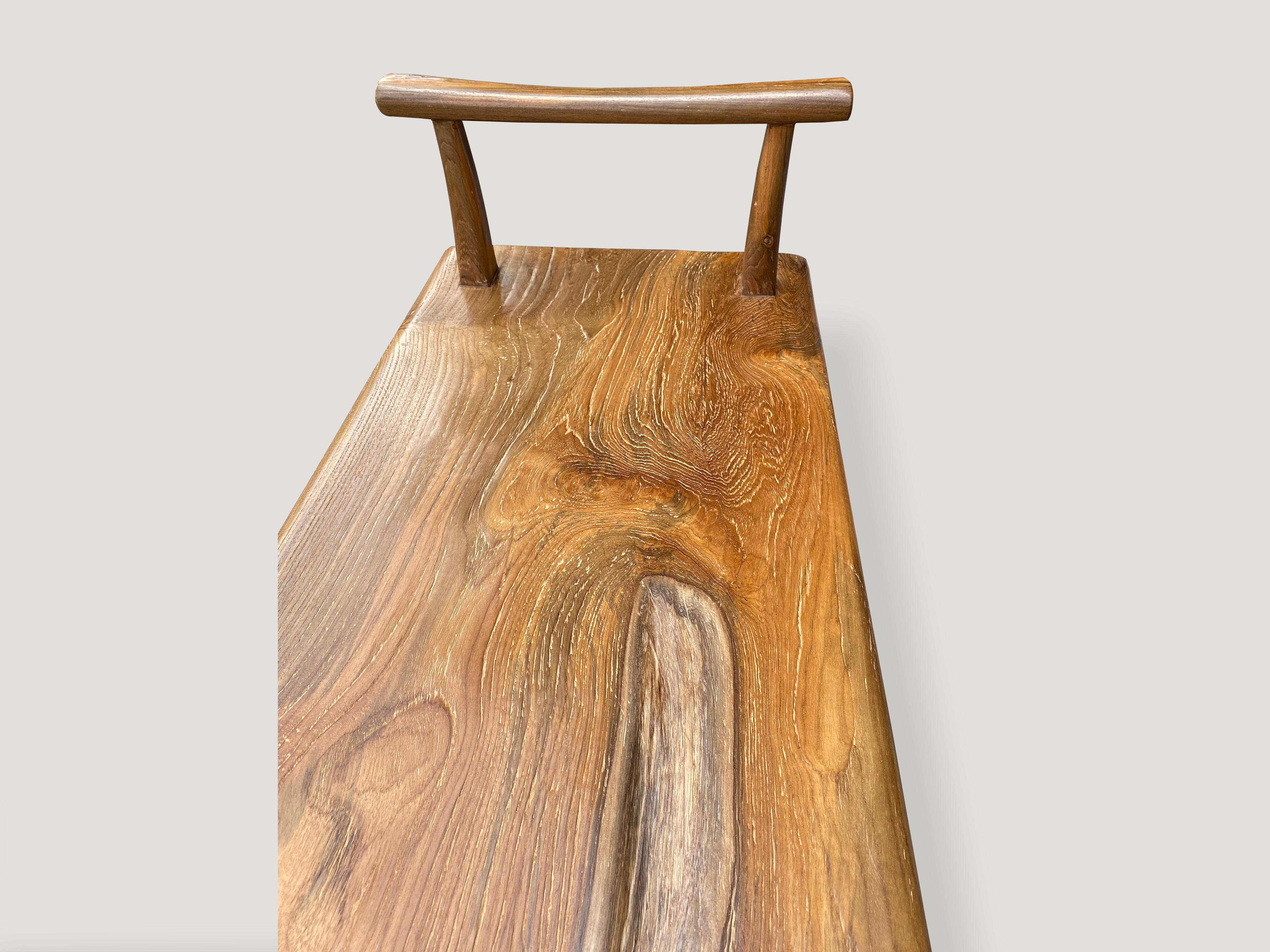 Mid-Century Modern Andrianna Shamaris Teak Wood Single Slab Bench with Arms For Sale