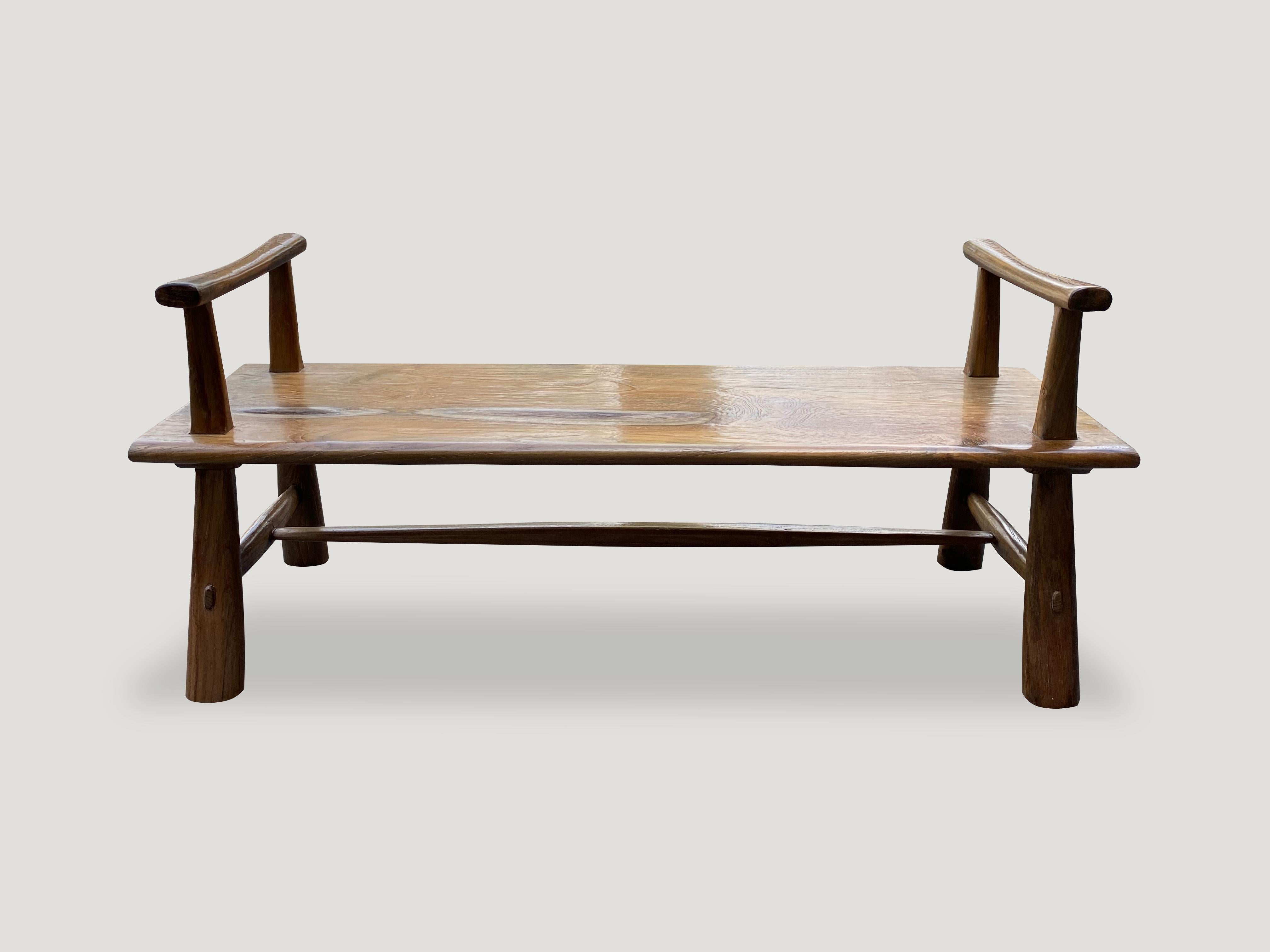 Andrianna Shamaris Teak Wood Single Slab Bench with Arms In Excellent Condition For Sale In New York, NY