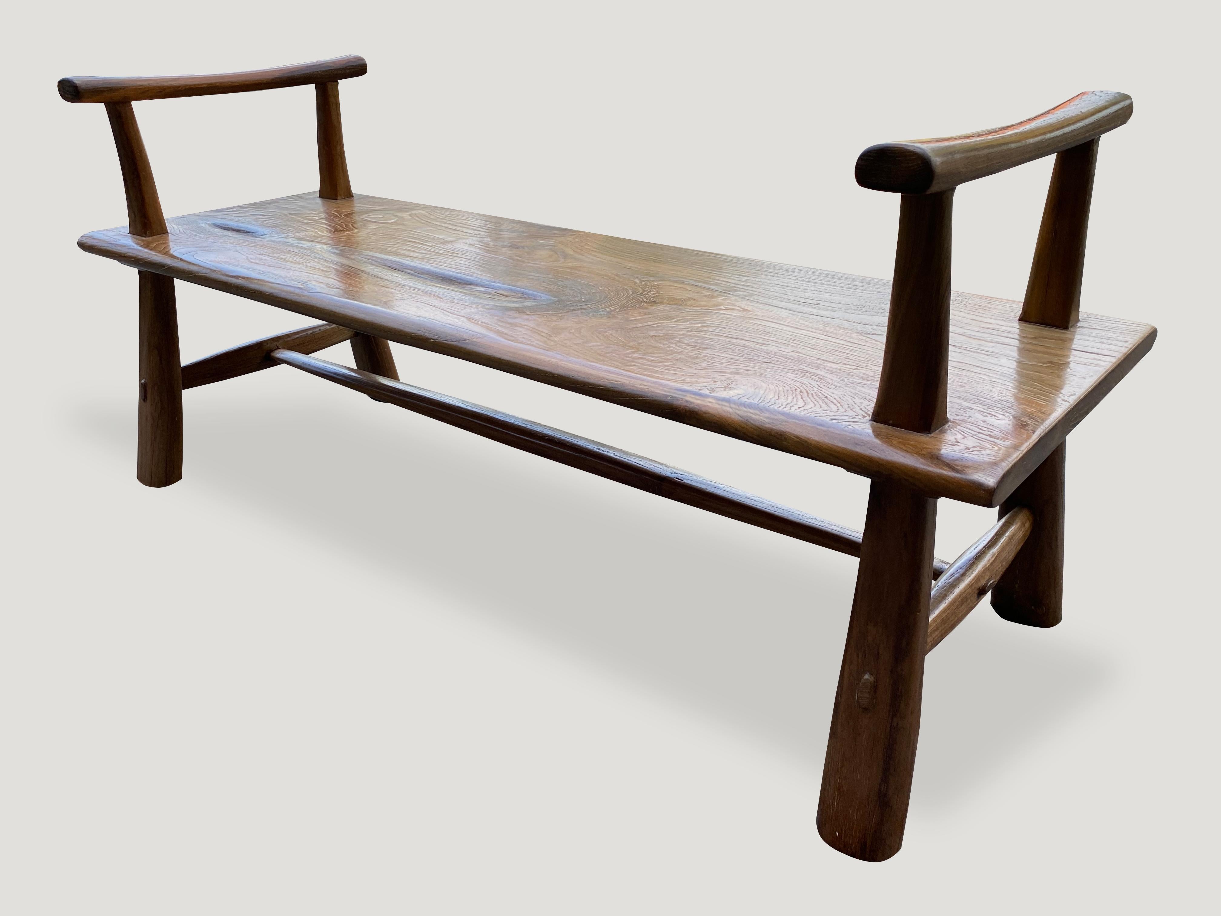 Mid-20th Century Andrianna Shamaris Teak Wood Single Slab Bench with Arms For Sale