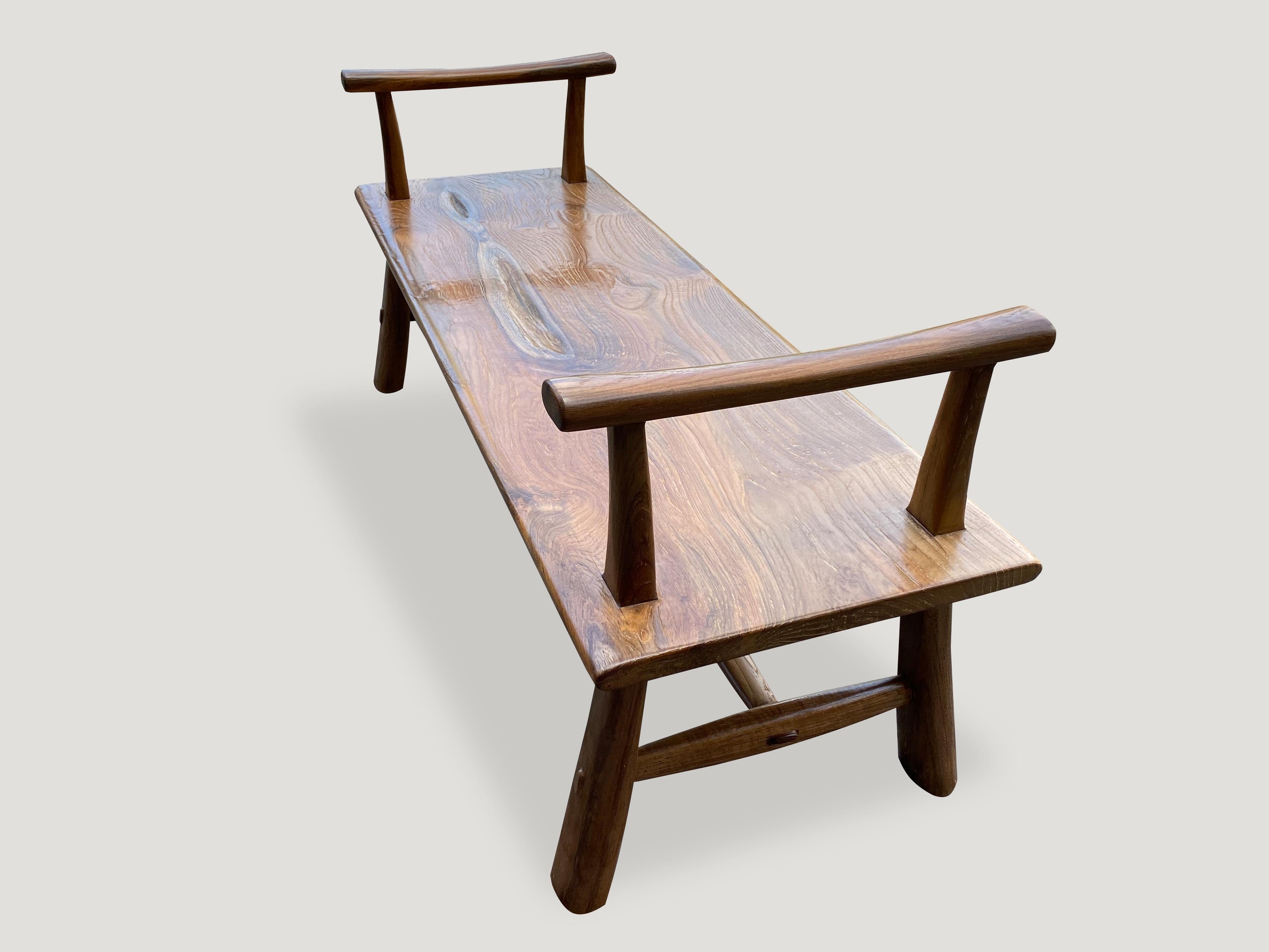 Andrianna Shamaris Teak Wood Single Slab Bench with Arms For Sale 1