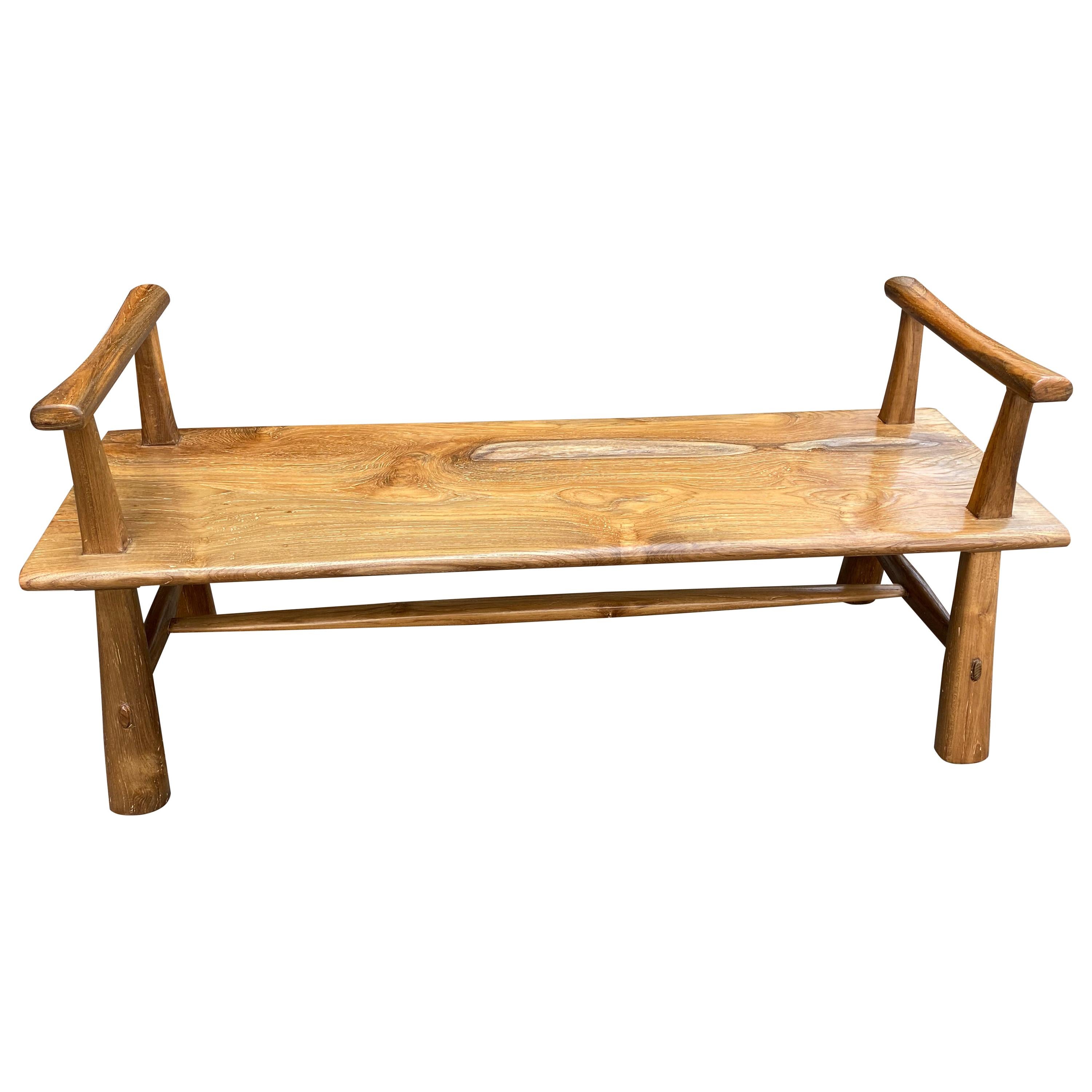 Andrianna Shamaris Teak Wood Single Slab Bench with Arms For Sale
