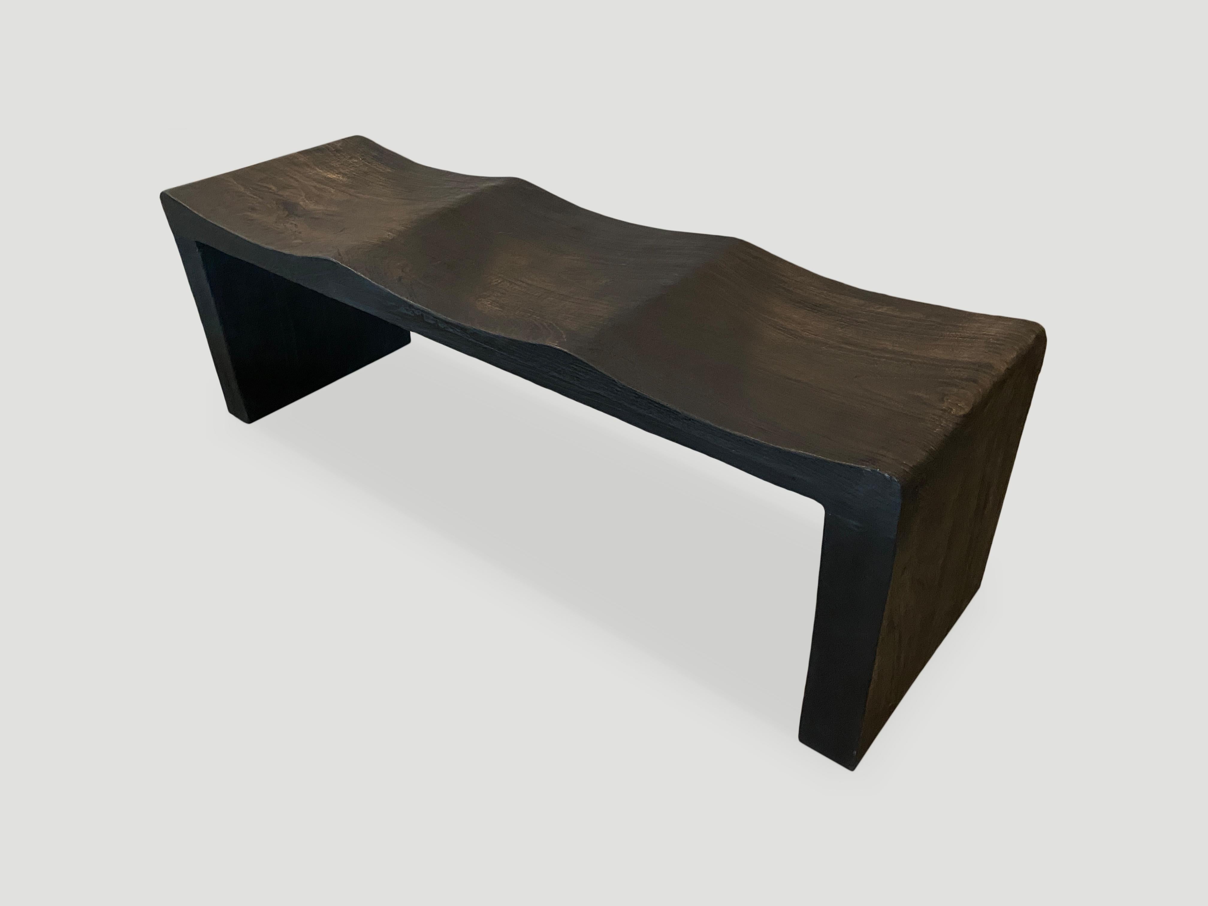 Organic Modern Andrianna Shamaris Teak Wood Triple Burnt Wave Bench