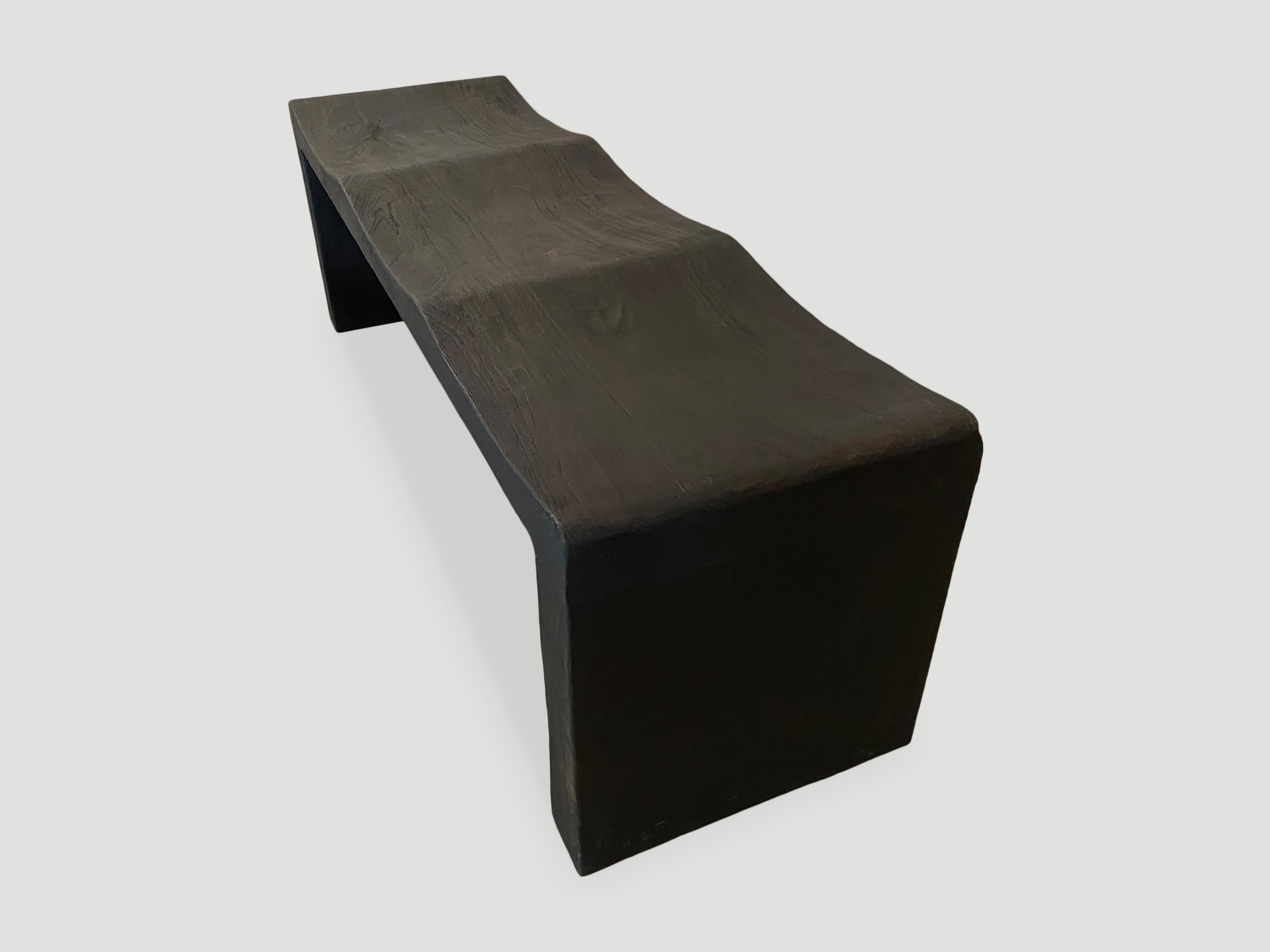 Andrianna Shamaris Teak Wood Triple Burnt Wave Bench In Excellent Condition In New York, NY