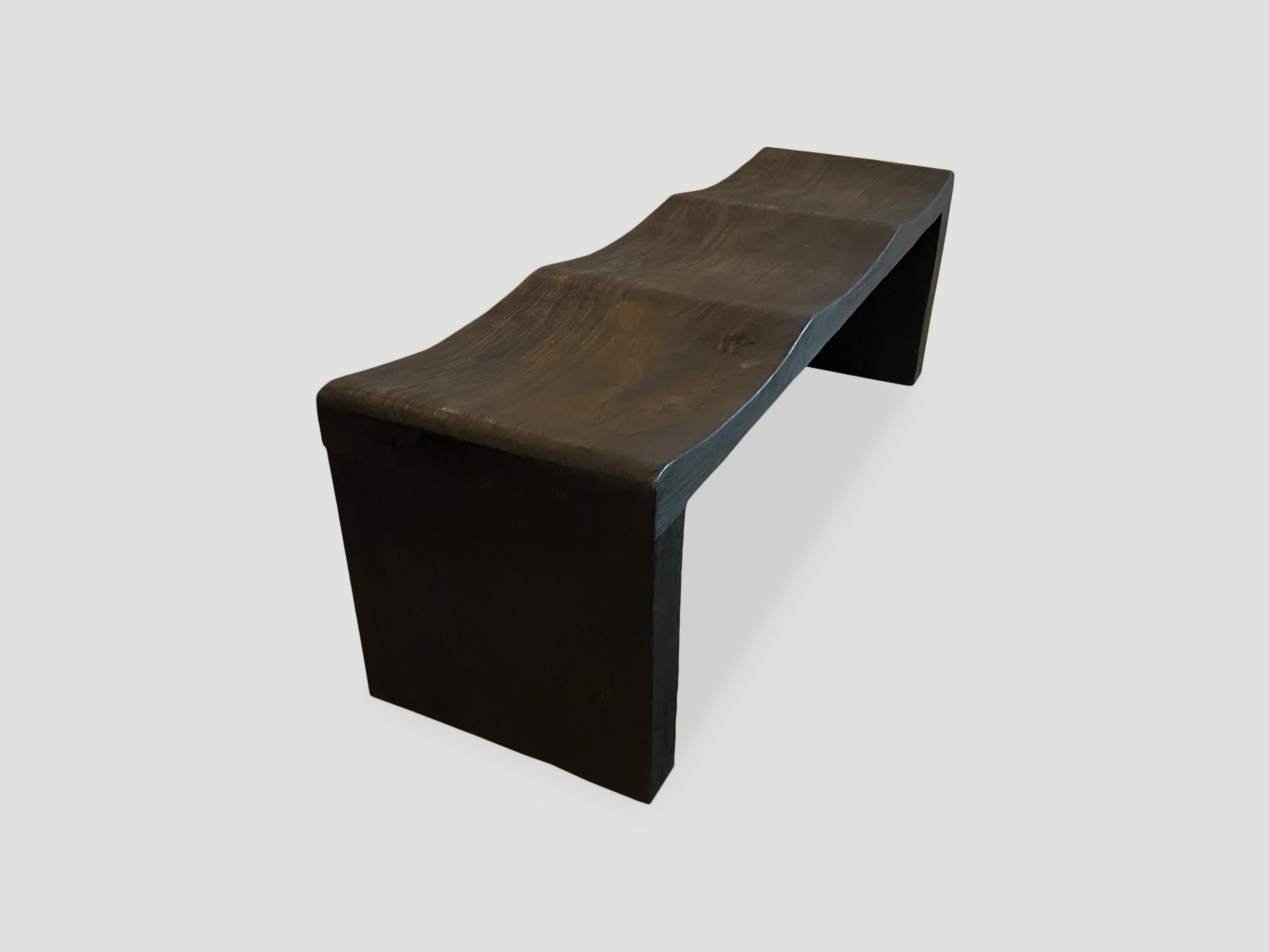 Contemporary Andrianna Shamaris Teak Wood Triple Burnt Wave Bench