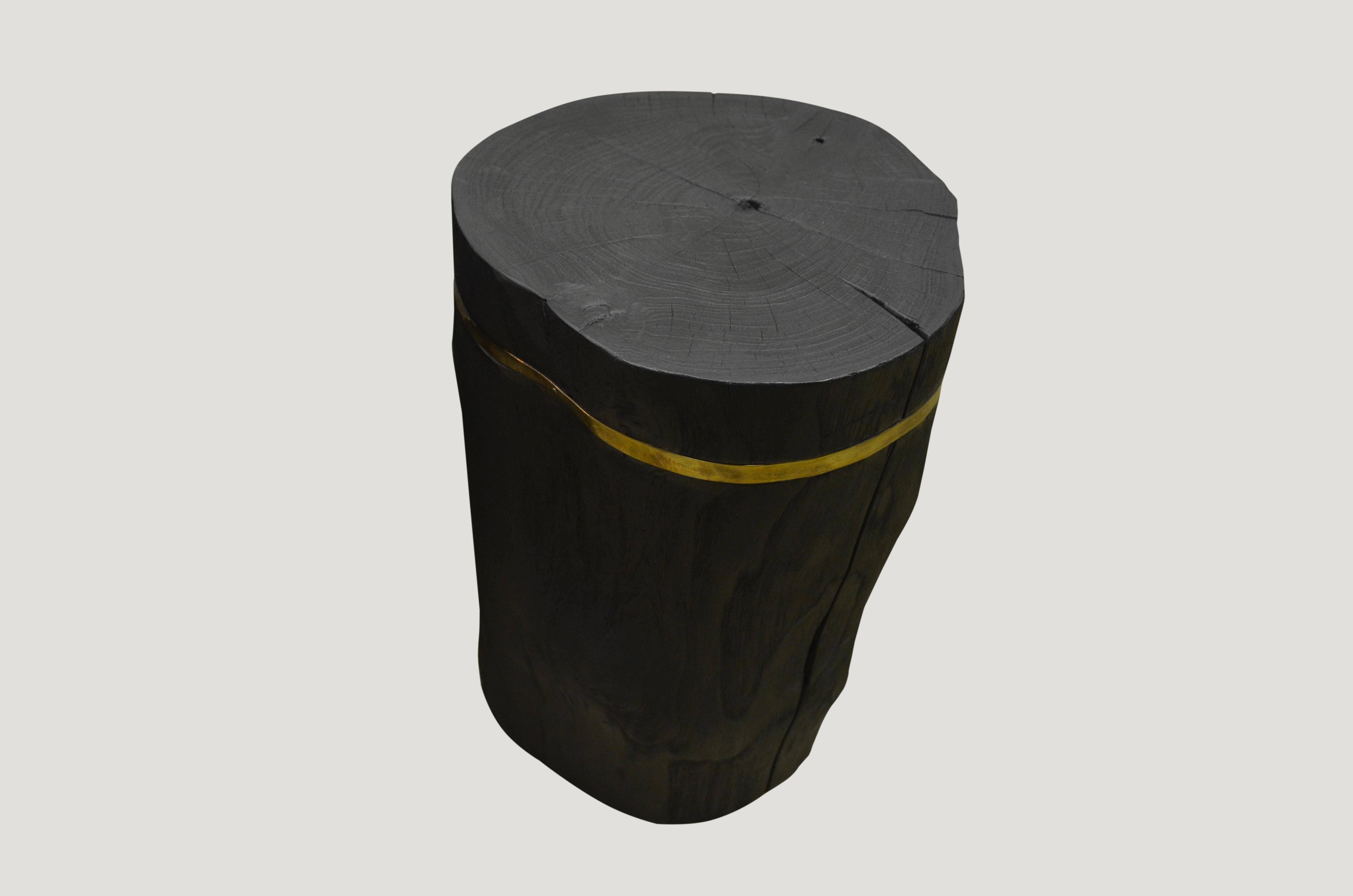 Organic Modern Andrianna Shamaris Triple Burnt Teak Wood Bronze Side Table For Sale