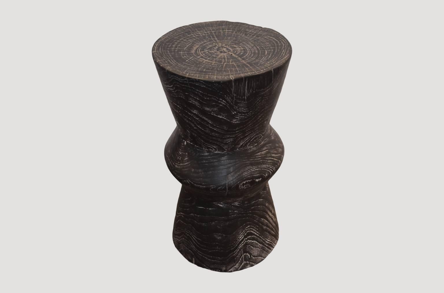 Indonesian Andrianna Shamaris Triple Burnt Teak Wood Cerused Side Table or Stool For Sale