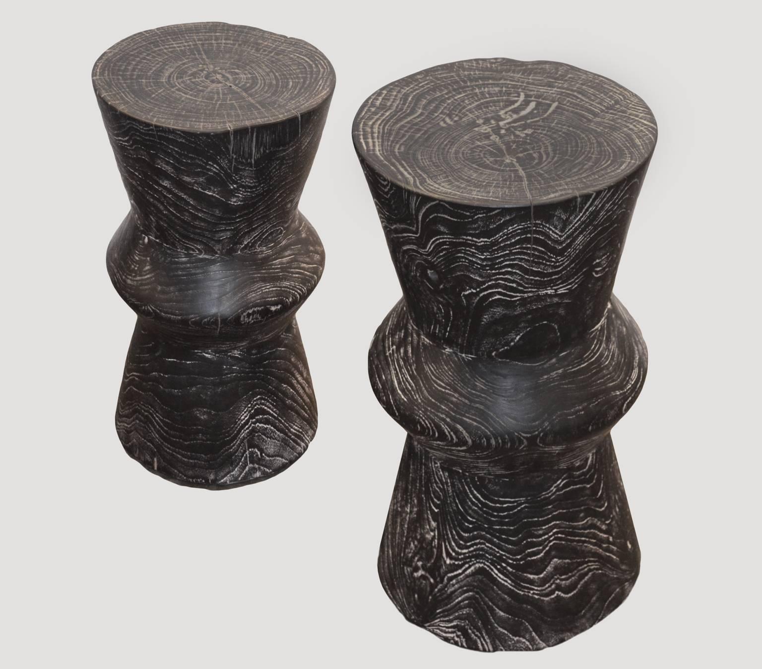 Contemporary Andrianna Shamaris Triple Burnt Teak Wood Cerused Side Table or Stool For Sale